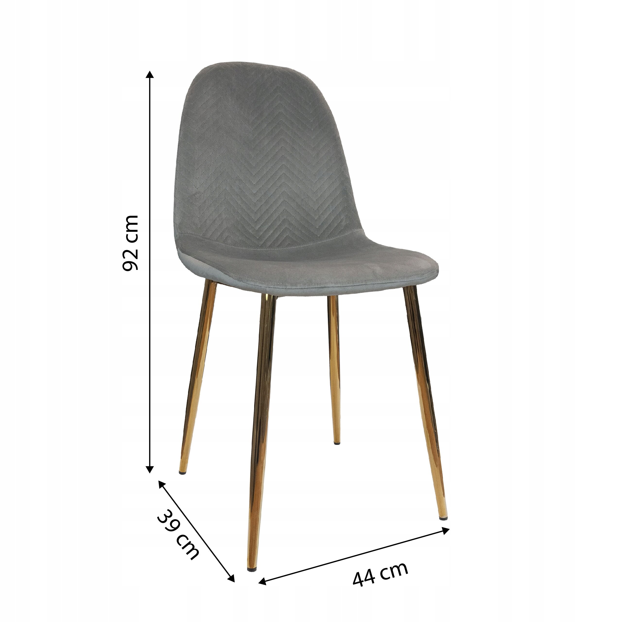 Szare krzesło tapicerowane z metalowymi, złotymi nogami. Wymiary: wysokość 92 cm, głębokość 39 cm, szerokość 44 cm.