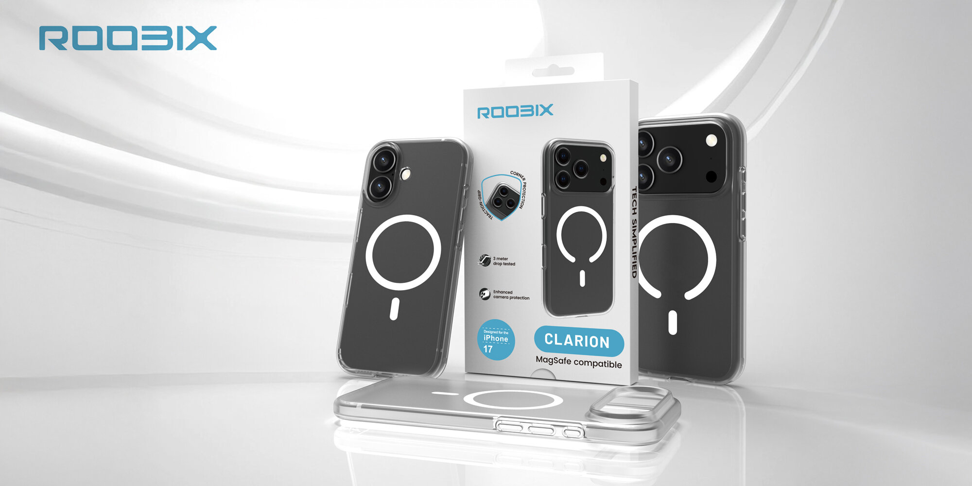 Obraz przedstawia przezroczyste etui na telefon z widocznym białym okręgiem, obok znajduje się opakowanie z napisem \'ROOBIX CLARION MagSafe compatible iPhone 17\'.