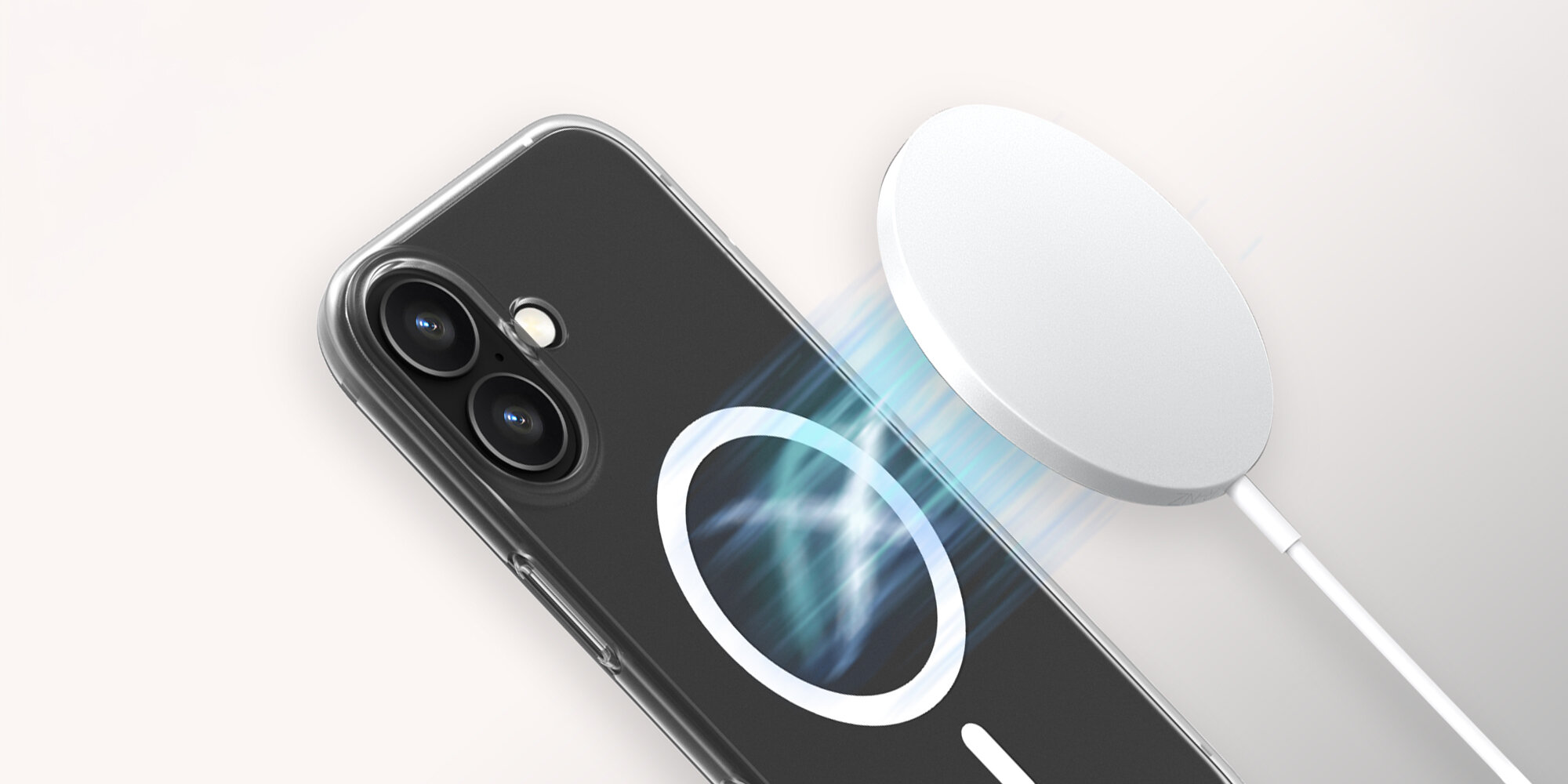 Na obrazie widać przezroczyste etui na telefon z widocznym symbolem MagSafe oraz okrągłą, białą ładowarkę bezprzewodową z efektem świetlnym wskazującym na połączenie magnetyczne.