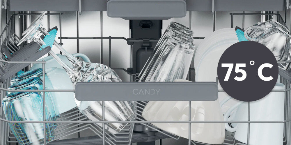 Wnętrze zmywarki z ułożonymi szklankami i filiżankami, na środku widoczne logo \'CANDY\'. Na obrazie znajduje się okrągła ikona z napisem \'75°C\'.