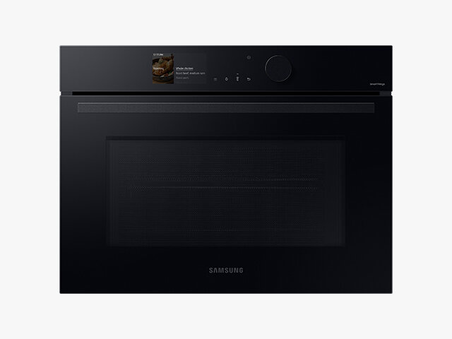 Piekarnik kompaktowy NQ5B6753CAK o pojemności 50 litrów Czarny piekarnik elektryczny z panelem dotykowym i pokrętłem, na którym widoczny jest napis \'Samsung\'.
