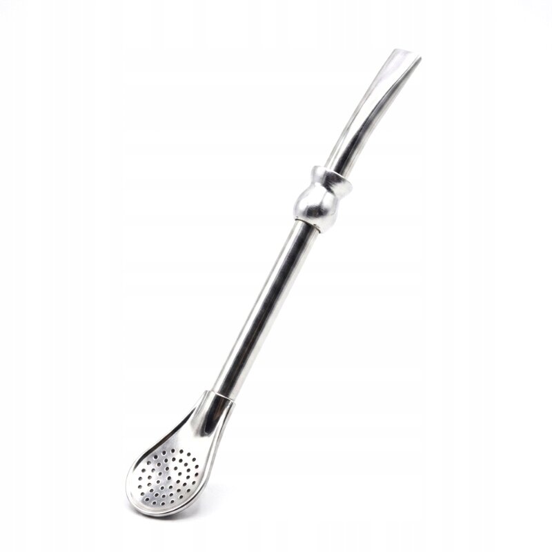 Metalowa bombilla do Yerba Mate z dużym pierścieniem i perforowaną końcówką do filtrowania napoju.