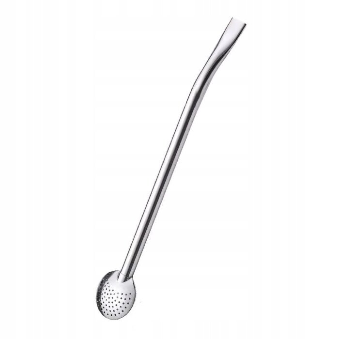 Metalowa bombilla o długości 19 cm z sitkiem na końcu, przeznaczona do picia yerba mate. Produkt ma prosty, elegancki design.