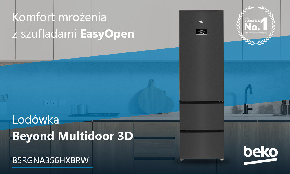 Obraz przedstawia lodówkę w ciemnym kolorze, umieszczoną w nowoczesnej kuchni. Widoczny tekst: \'Komfort mrożenia z szufladami EasyOpen\', \'Lodówka Beyond Multidoor 3D\', \'B5RGNA356HXBRW\', \'beko\'.