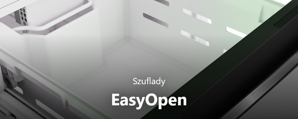 Wnętrze lodówki z widocznymi szufladami i napisem \'Szuflady EasyOpen\'.