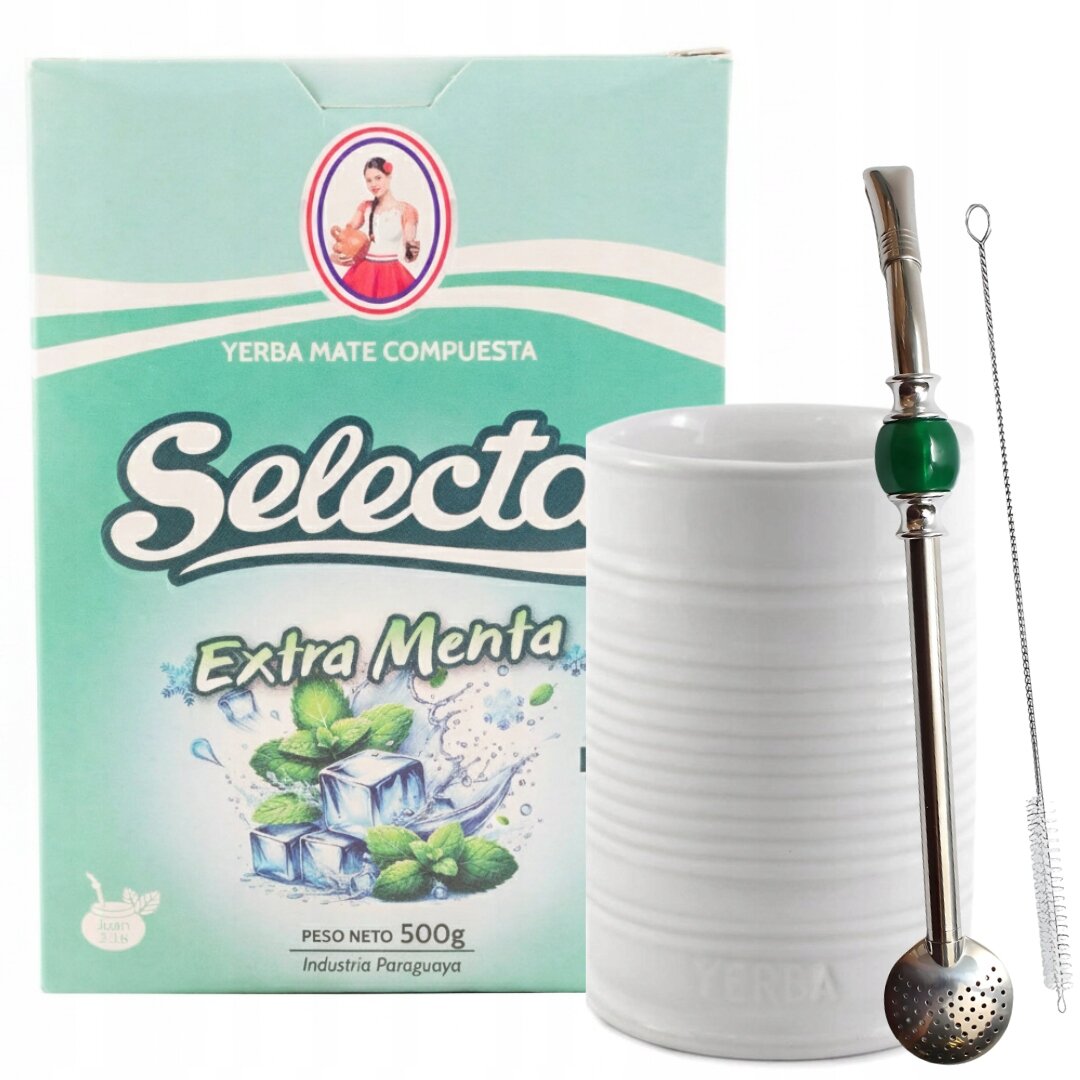 Na obrazie znajduje się opakowanie Yerba Mate Selecta Extra Menta z grafiką liści mięty i kostek lodu oraz biały kubek z metalową bombillą. Na opakowaniu widnieje napis \'YERBA MATE COMPUESTA\' i \'PESO NETO 500g Industria Paraguaya\'.