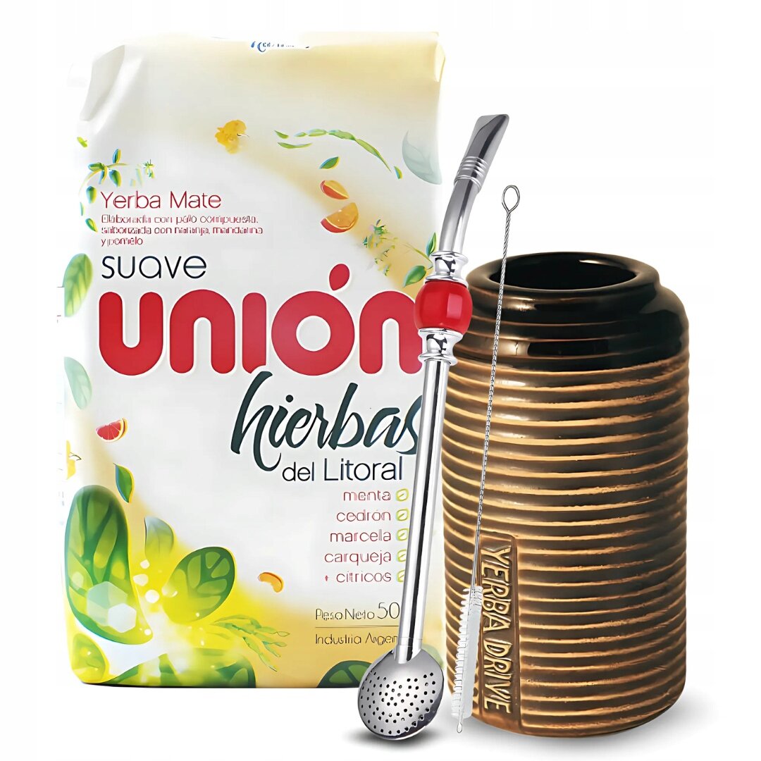 Na obrazie widoczna jest paczka yerba mate Union Hierbas del Litoral oraz brązowe matero z metalową bombillą. Na paczce znajduje się tekst: \'suave UNION hierbas del Litoral\'.