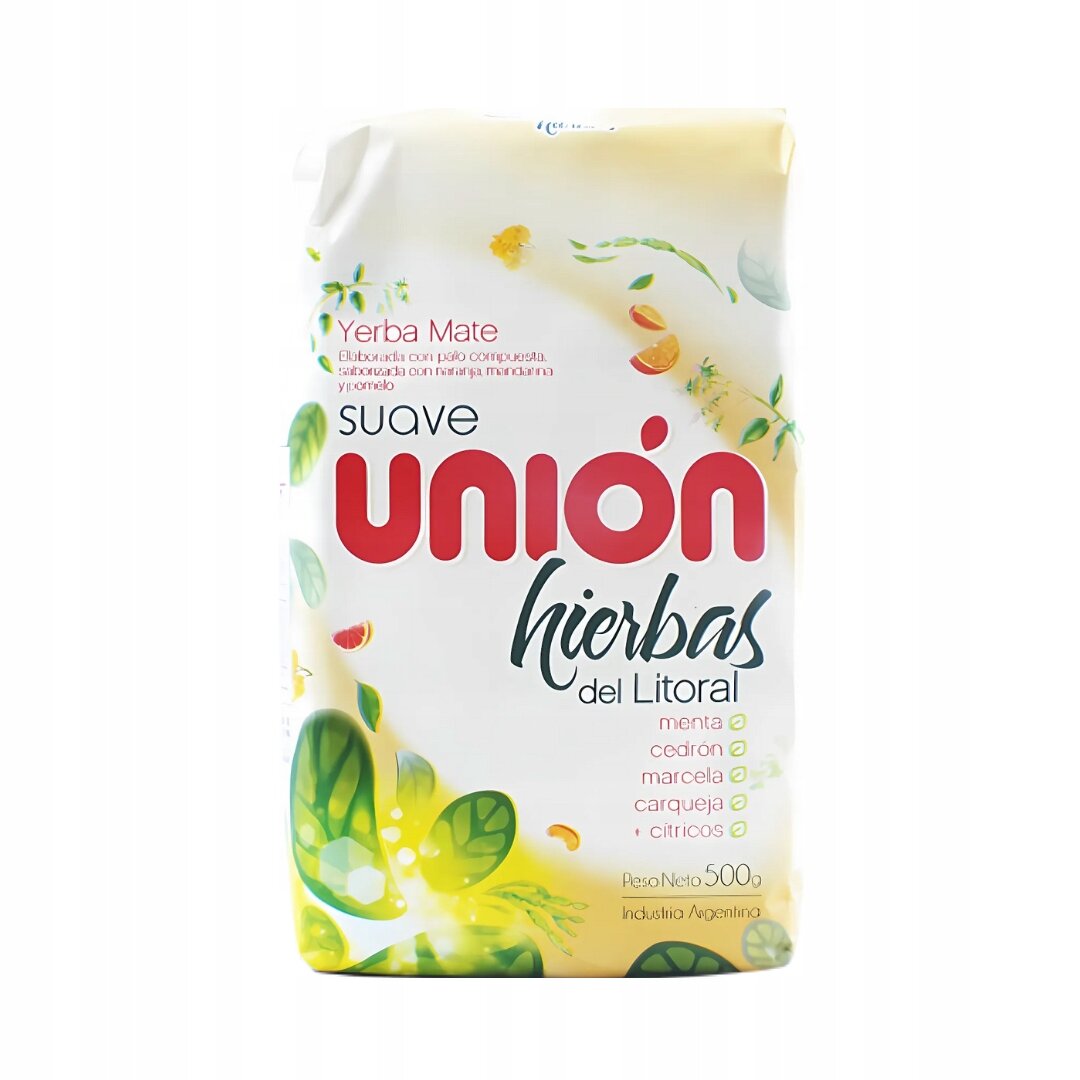 Opakowanie Yerba Mate Union Hierbas del Litoral z kolorowymi grafikami liści i owoców. Widoczny tekst: \'Yerba Mate suave union hierbas del Litoral menta, cedron, marcela, carqueja, citricos Peso Neto 500g Industria Argentina\'.