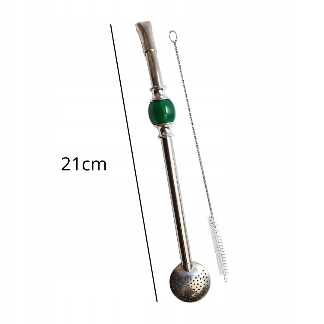 Na obrazie widoczna jest metalowa bombilla z zielonym elementem oraz szczoteczka do czyszczenia. Obok bombilli znajduje się napis \'21cm\'.