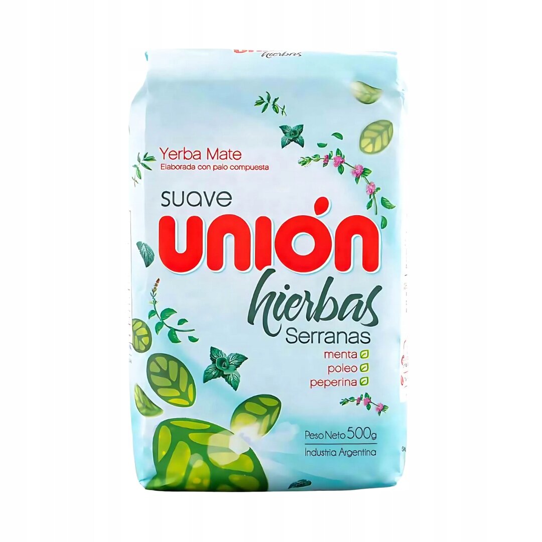 Opakowanie Yerba Mate Union Hierbas Serranas z grafiką liści i ziół. Tekst na opakowaniu: \'Yerba Mate Elaborada con palo compuesta suave union hierbas Serranas menta poleo peperina Peso Neto 500g Industria Argentina\'.