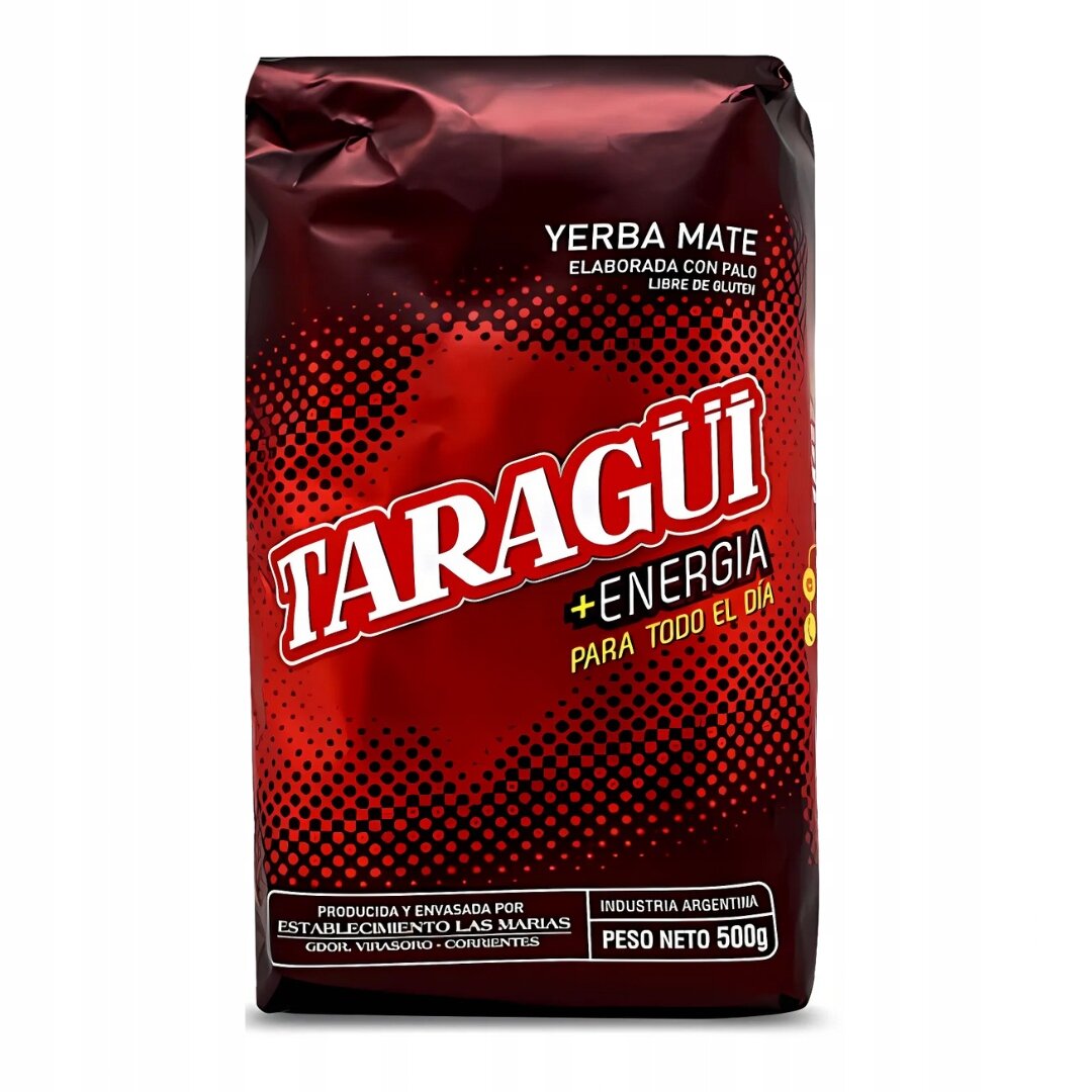 Opakowanie yerba mate marki Taragui z napisem \'+Energia para todo el dia\'. Waga netto produktu to 500g, a na opakowaniu widnieje informacja \'Industria Argentina\'.