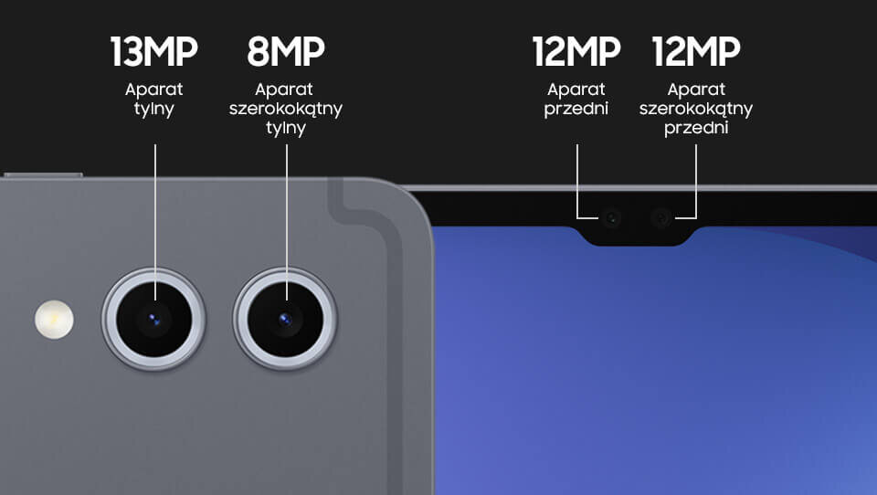 poznaj aparaty w Galaxy Tab S10 Ultra Obraz przedstawia zbliżenie na aparaty tabletu. Widoczne są oznaczenia: 13MP Aparat tylny, 8MP Aparat szerokokątny tylny, 12MP Aparat przedni, 12MP Aparat szerokokątny przedni.