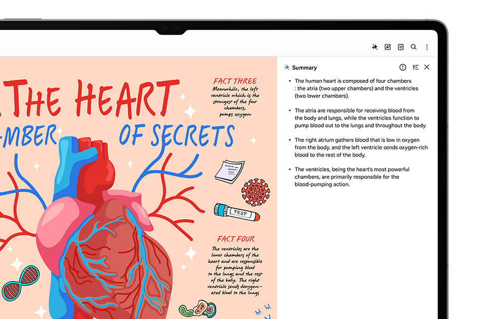 Obraz przedstawia ekran tabletu z grafiką serca i tekstem \'The Heart Chamber of Secrets\'. Po prawej stronie widoczna jest lista punktów opisujących funkcje serca.