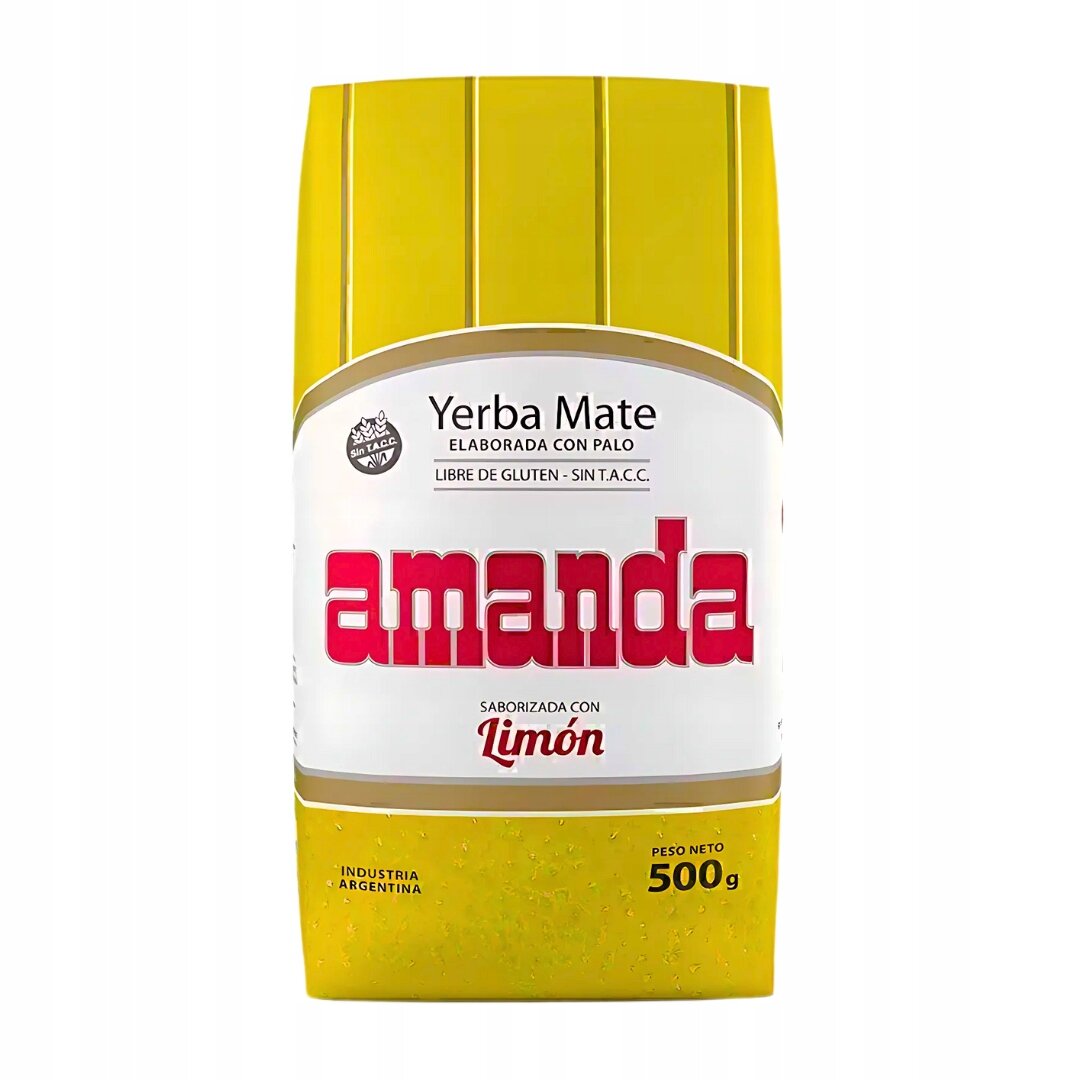 Opakowanie Yerba Mate Amanda Limon 500g z żółtym tłem i dużym napisem \'amanda\' w kolorze czerwonym. Na opakowaniu widnieje tekst: \'Yerba Mate elaborada con palo, libre de gluten - sin T.A.C.C., saborizada con Limón, industria argentina, peso neto 500g\'.