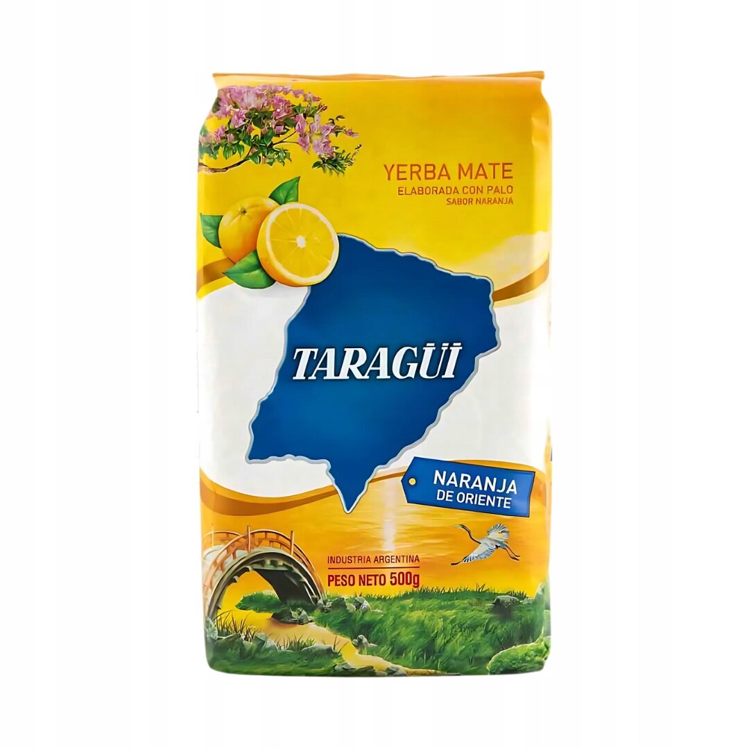 Opakowanie Yerba Mate Taragüi o smaku pomarańczowym z grafiką pomarańczy i kwiatów. Widoczny tekst: \'YERBA MATE ELABORADA CON PALO SABOR NARANJA\', \'TARAGÜI\', \'NARANJA DE ORIENTE\', \'INDUSTRIA ARGENTINA\', \'PESO NETO 500g\'.