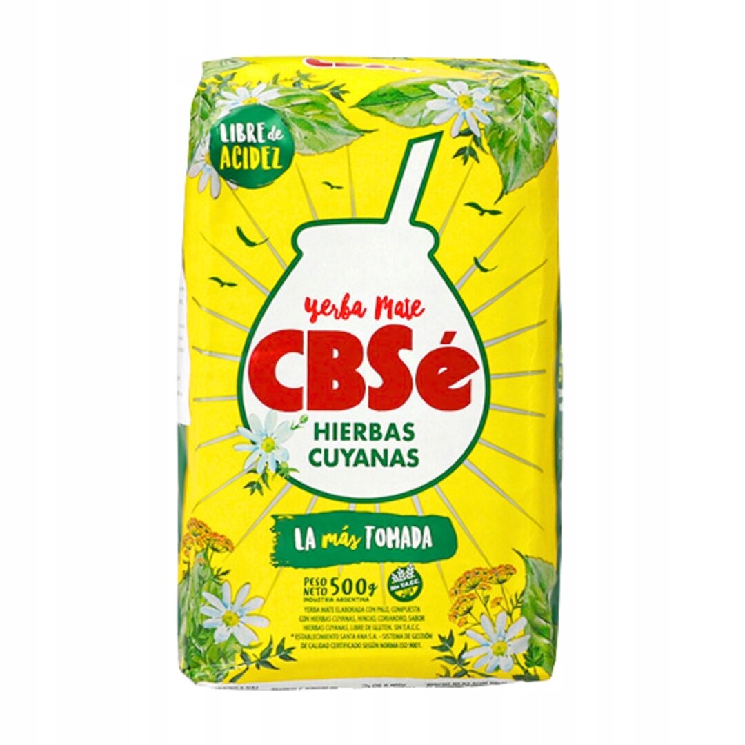 Opakowanie Yerba Mate CBSe Hierbas Cuyanas 500g z żółtym tłem i zielonymi oraz białymi elementami roślinnymi. Widoczny tekst: \'Yerba Mate CBSe Hierbas Cuyanas\', \'La más tomada\', \'Peso Neto 500g\'.
