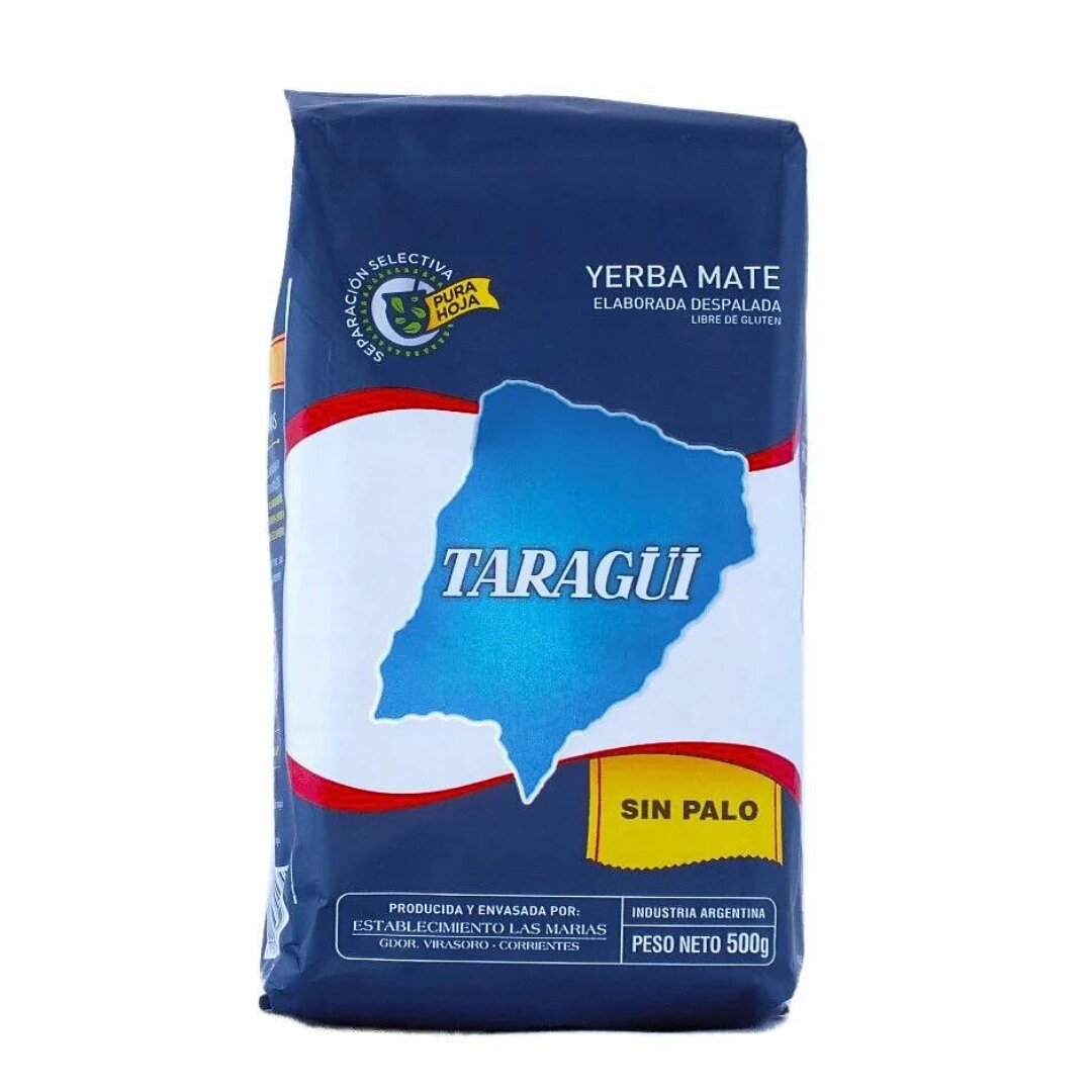 Opakowanie yerba mate marki Taragüi z napisem \'SIN PALO\' i wagą netto 500g. Na opakowaniu widoczny jest niebieski kształt z białym napisem \'TARAGÜI\'.