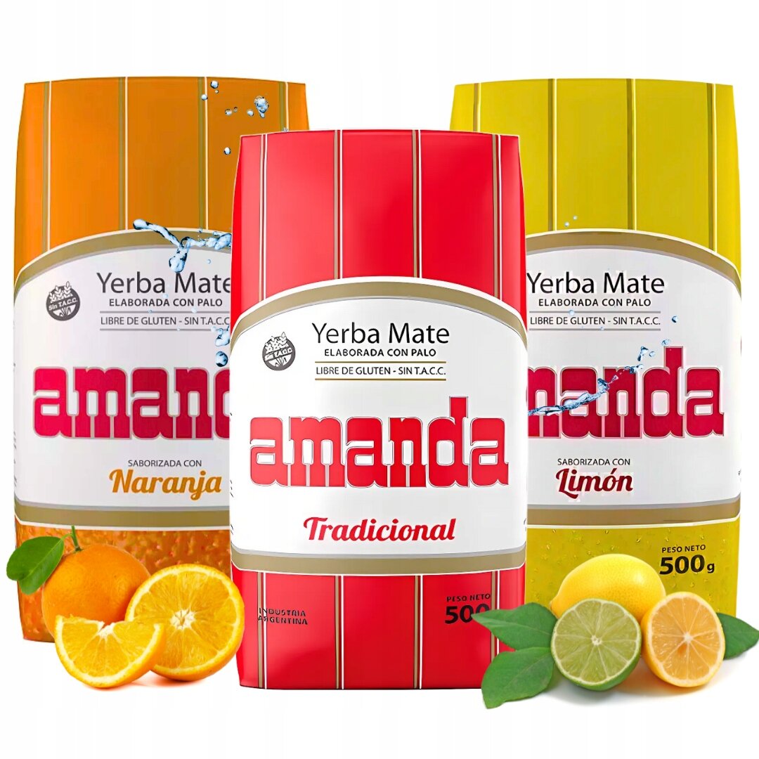Trzy opakowania Yerba Mate Amanda o smakach: Naranja, Tradicional i Limón, każde o wadze 500g. Obok opakowań znajdują się owoce pomarańczy i cytryny.