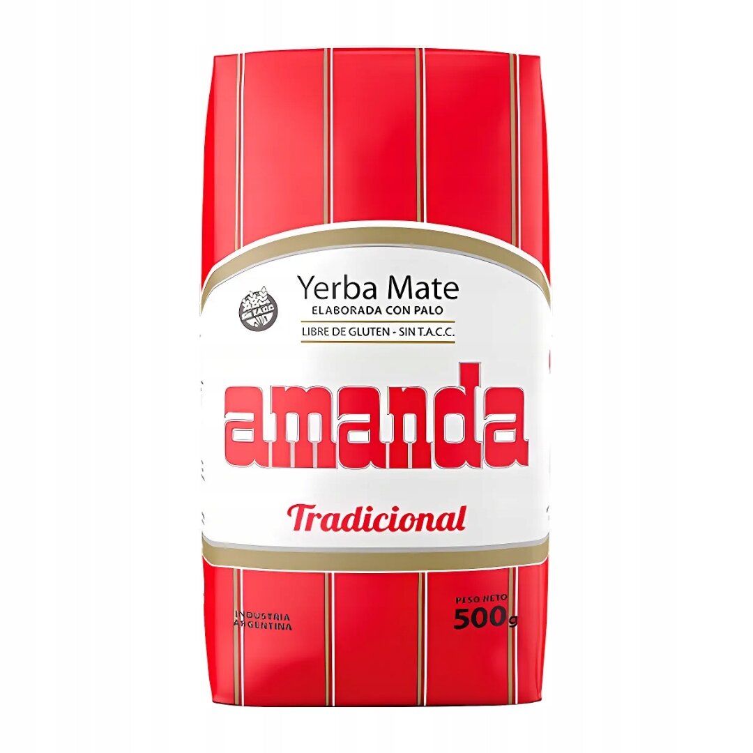 Opakowanie Yerba Mate Amanda o wadze netto 500g, z napisem \'Tradicional\' i informacją \'LIBRE DE GLUTEN - SIN T.A.C.C.\'.