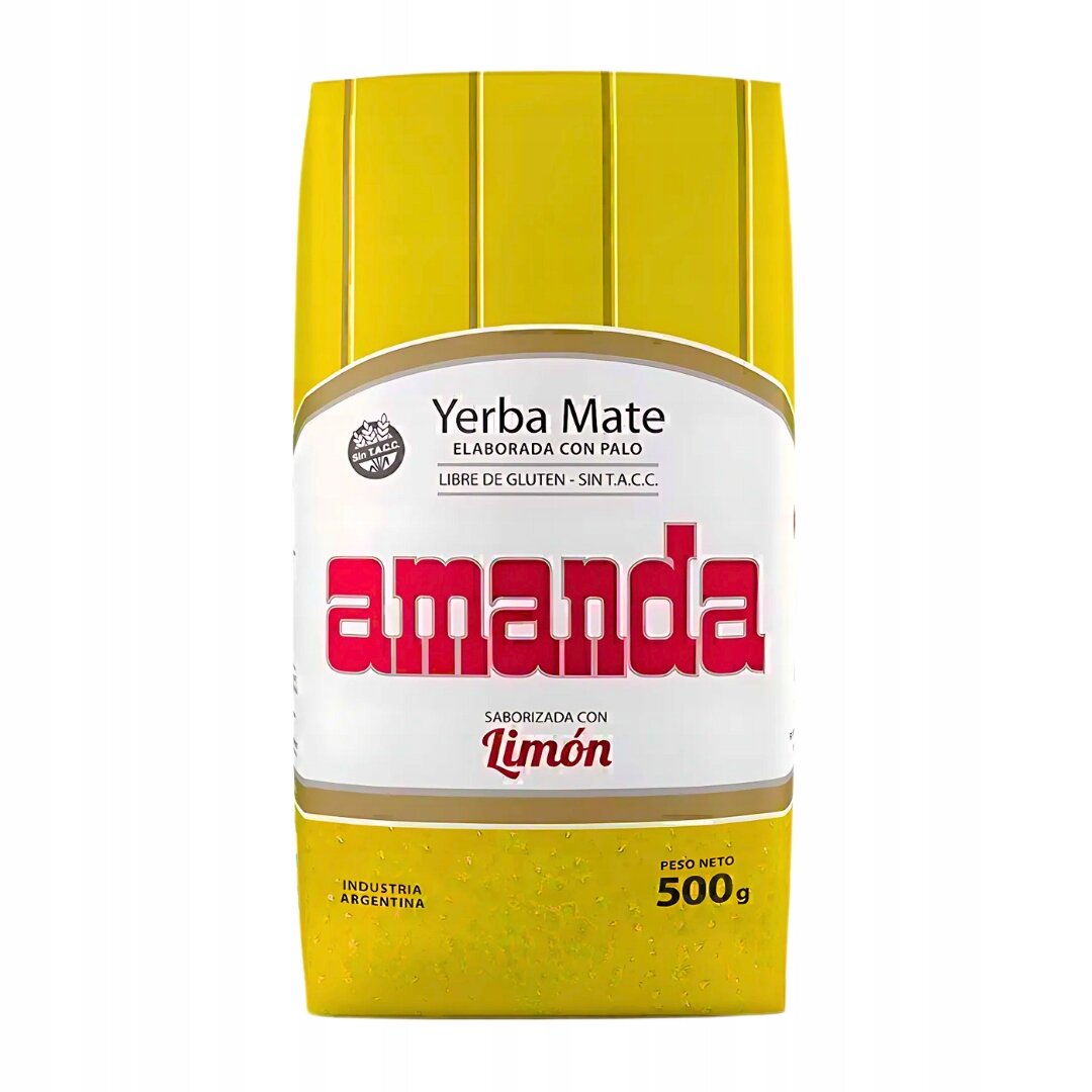Opakowanie Yerba Mate Amanda o smaku limonki, z napisem \'amanda\' i informacją \'Peso Neto 500g\'.