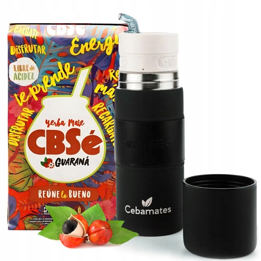 Na obrazie widoczny jest kolorowy karton z napisem \'Yerba Mate CBSe Guaraná\' oraz czarny termos z białą nakrętką i logo \'Cebamates\'. Obok leżą owoce guarany.