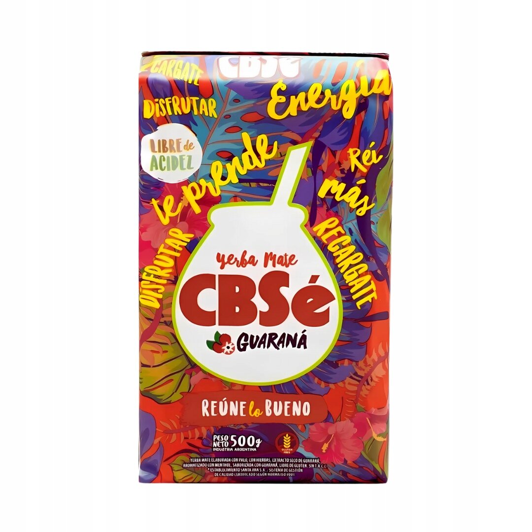 Opakowanie yerba mate CBSe Guaraná o pojemności 500 g z kolorowym, roślinnym tłem i napisami w języku hiszpańskim, takimi jak \'Energía\', \'Disfrutar\', \'Libre de Acidez\'.