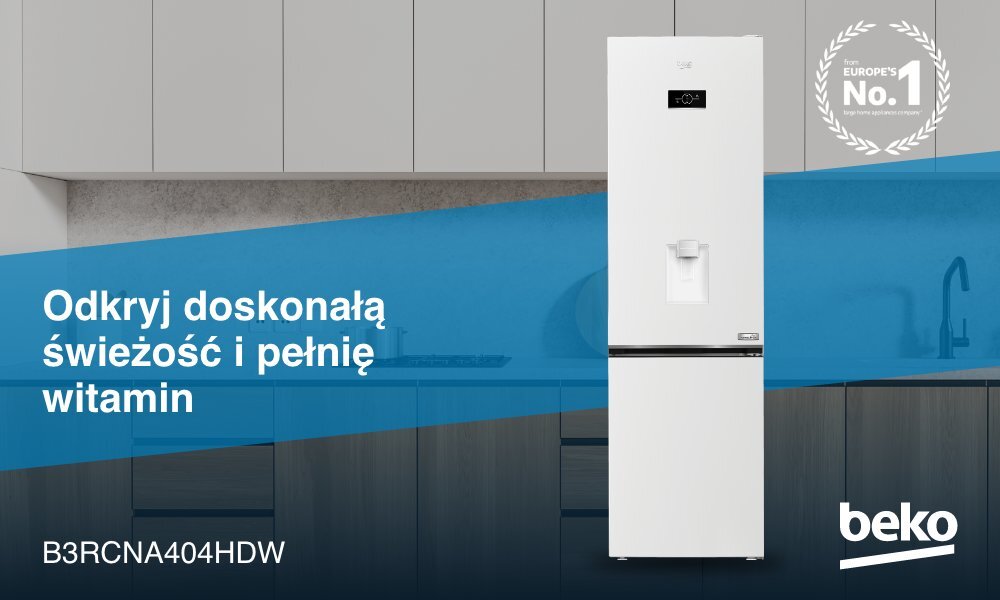 Biała lodówka z dystrybutorem wody stoi w nowoczesnej kuchni. Na obrazie widoczny jest tekst: \'Odkryj doskonałą świeżość i pełnię witamin\', \'B3RCNA404HDW\', oraz logo \'beko\'.