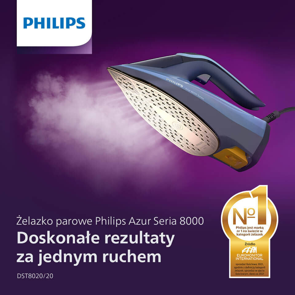 Obraz przedstawia żelazko parowe z serii Philips Azur 8000, z widoczną stopą żelazka emitującą parę. Na fioletowym tle znajduje się tekst: \'Żelazko parowe Philips Azur Seria 8000 Doskonałe rezultaty za jednym ruchem DST8020/20\'.
