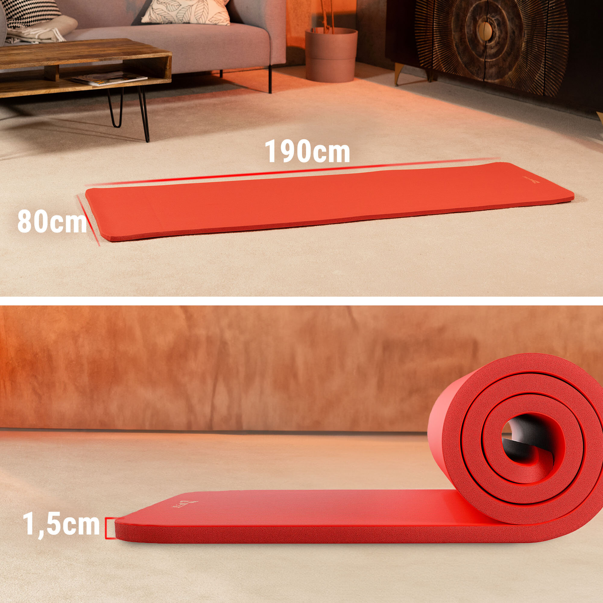 Na obrazie widoczna jest czerwona mata fitness o wymiarach 190 cm na 80 cm i grubości 1,5 cm. Mata jest rozłożona na podłodze oraz zwinięta w rolkę.