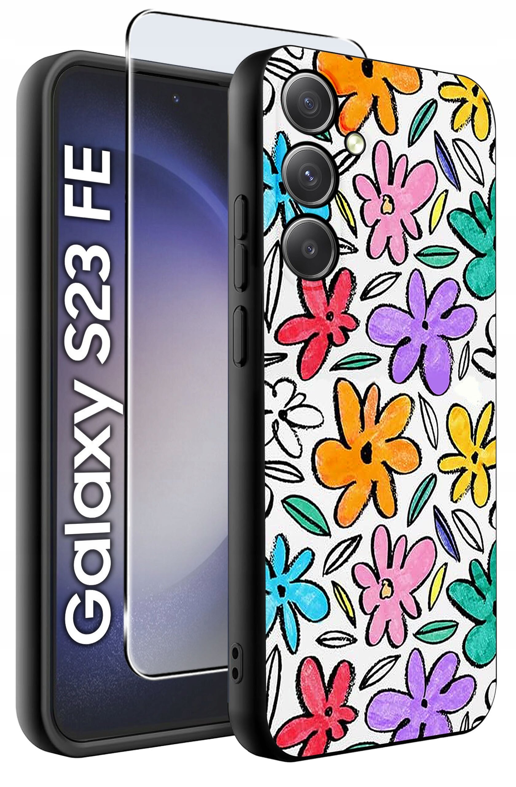 Etui na telefon z kolorowymi kwiatowymi wzorami oraz szkło ochronne. Obok widoczny napis \'Galaxy S23 FE\'.