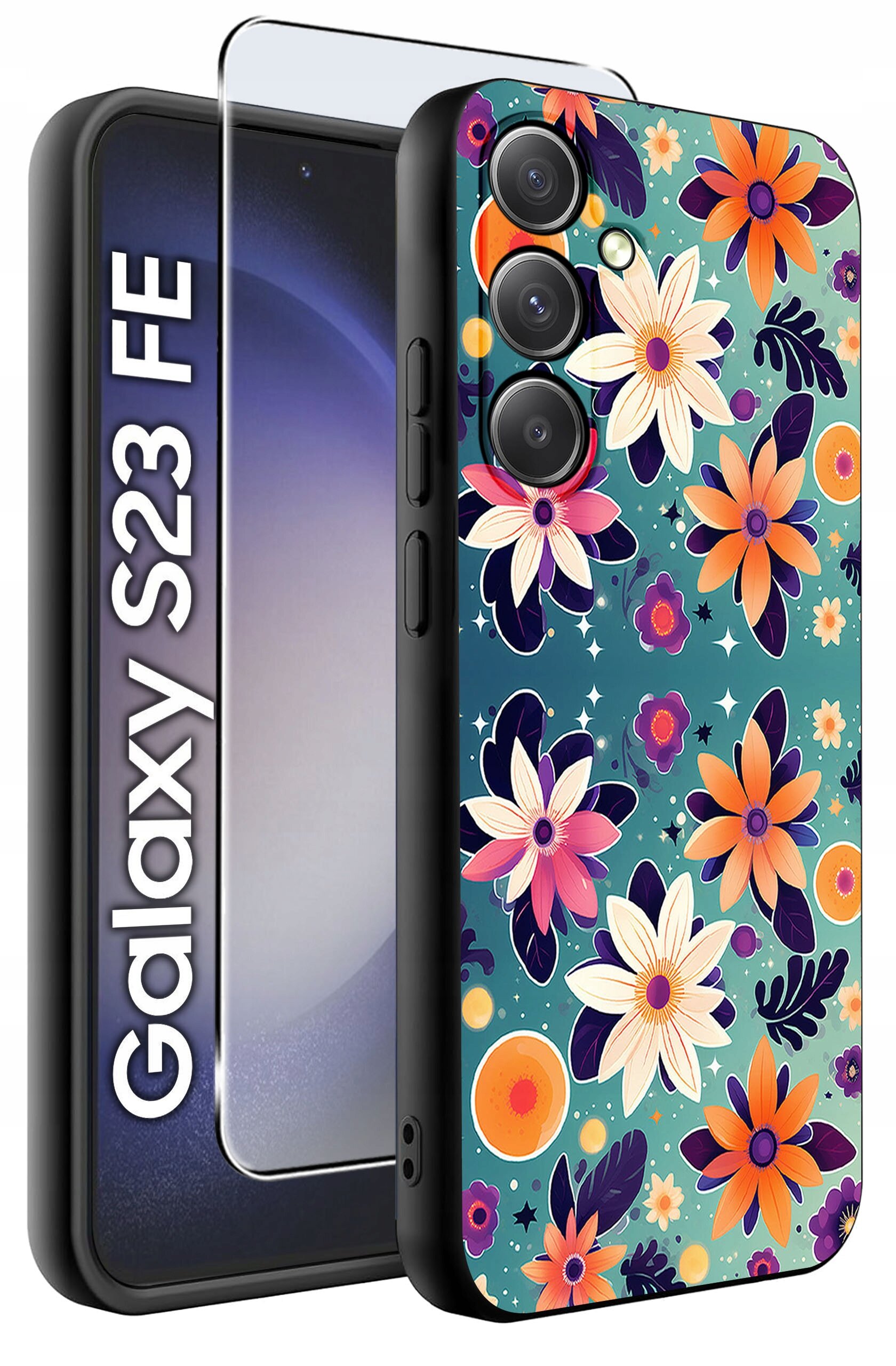 Etui na telefon z kolorowym wzorem kwiatowym oraz szkło ochronne. Widoczny napis: \'Galaxy S23 FE\'.