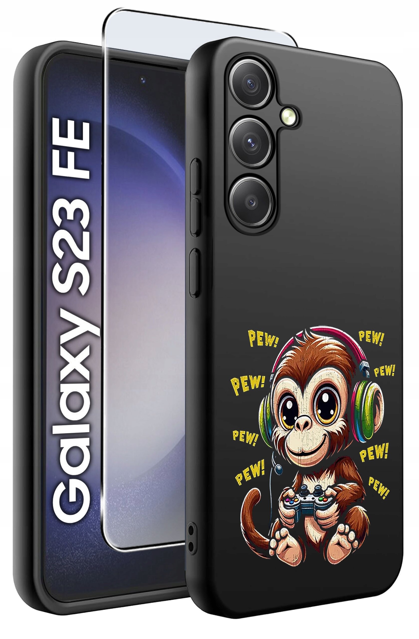 Czarne etui na telefon z nadrukiem małpki w słuchawkach trzymającej kontroler do gier, otoczonej napisem \'PEW!\'. Obok etui znajduje się szkło ochronne oraz napis \'Galaxy S23 FE\'.