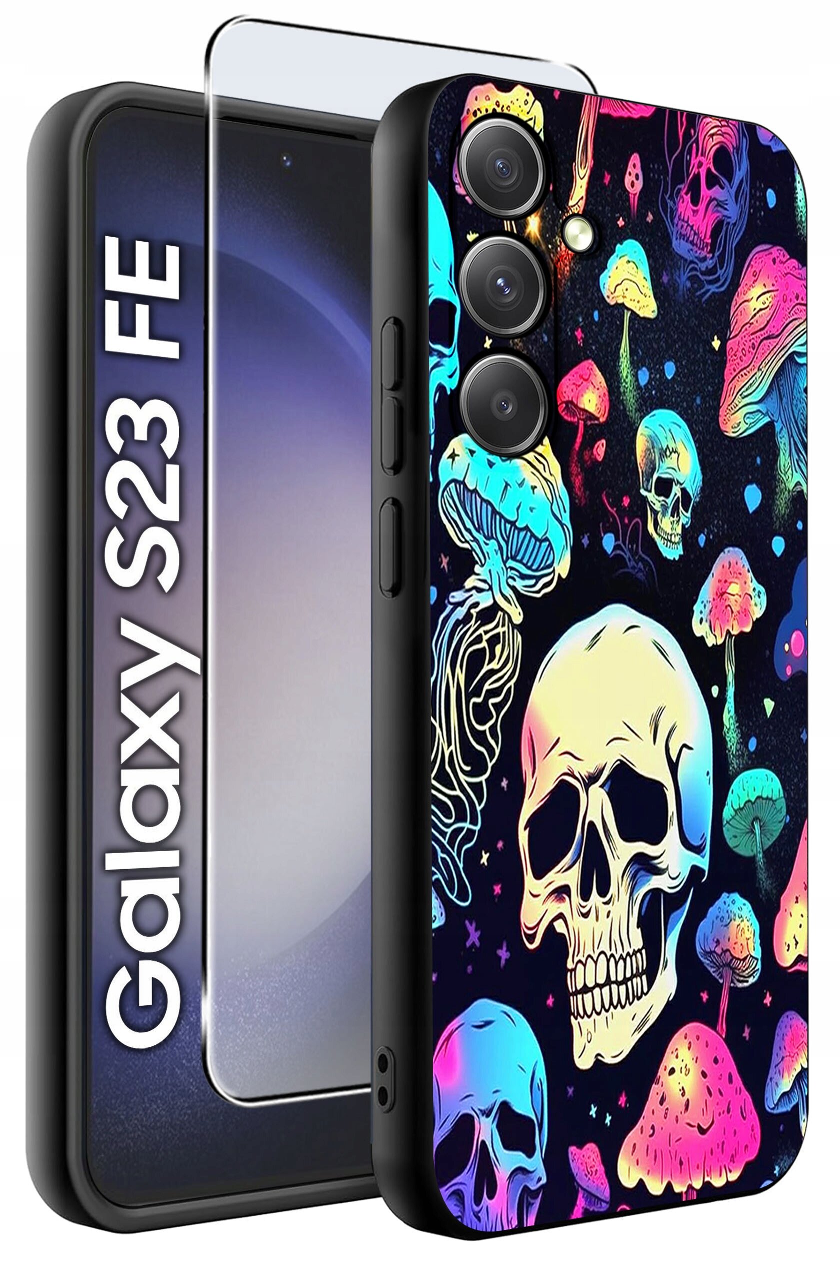 Etui do Samsung Galaxy S23 FE z kolorowym wzorem czaszek i grzybów, obok szkło ochronne. Widoczny napis: \'Galaxy S23 FE\'.