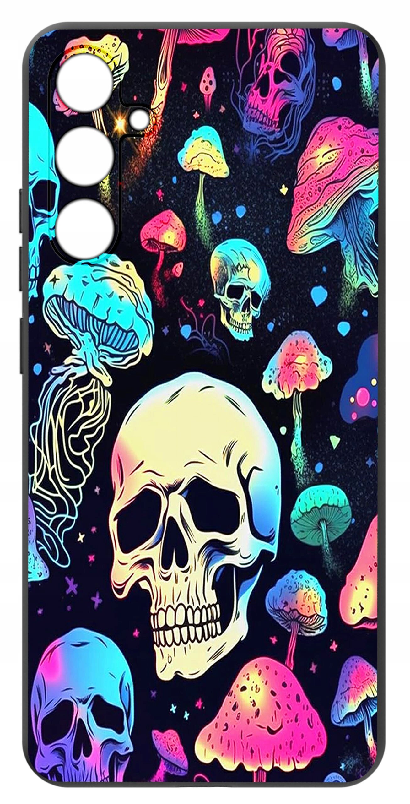 Etui na telefon z kolorowym wzorem czaszek i grzybów na ciemnym tle. Wzór jest intensywnie kolorowy, z elementami w odcieniach różu, niebieskiego i żółtego.