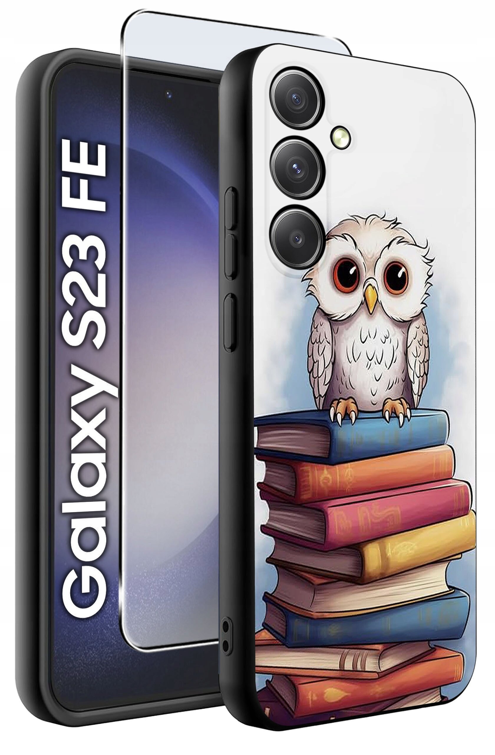 Etui na telefon z nadrukiem sowy siedzącej na stosie książek, obok widoczny napis \'Galaxy S23 FE\'.