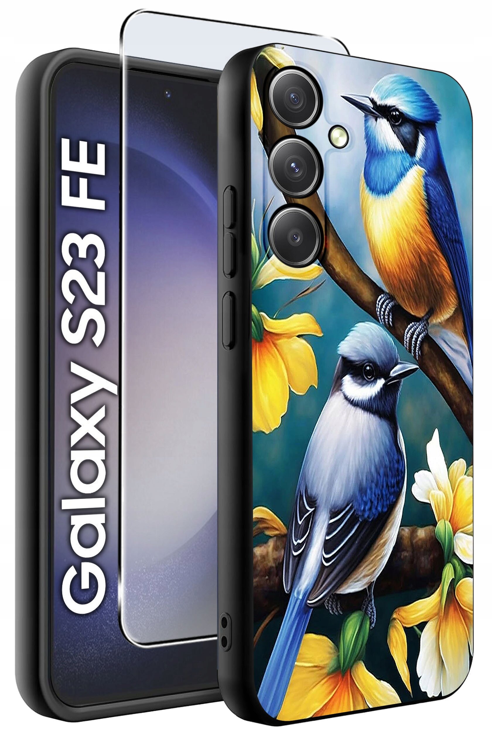 Etui na telefon z kolorowym wzorem przedstawiającym dwa ptaki siedzące na gałęzi z żółtymi kwiatami. Obok etui widoczna jest szybka ochronna oraz napis \'Galaxy S23 FE\'.