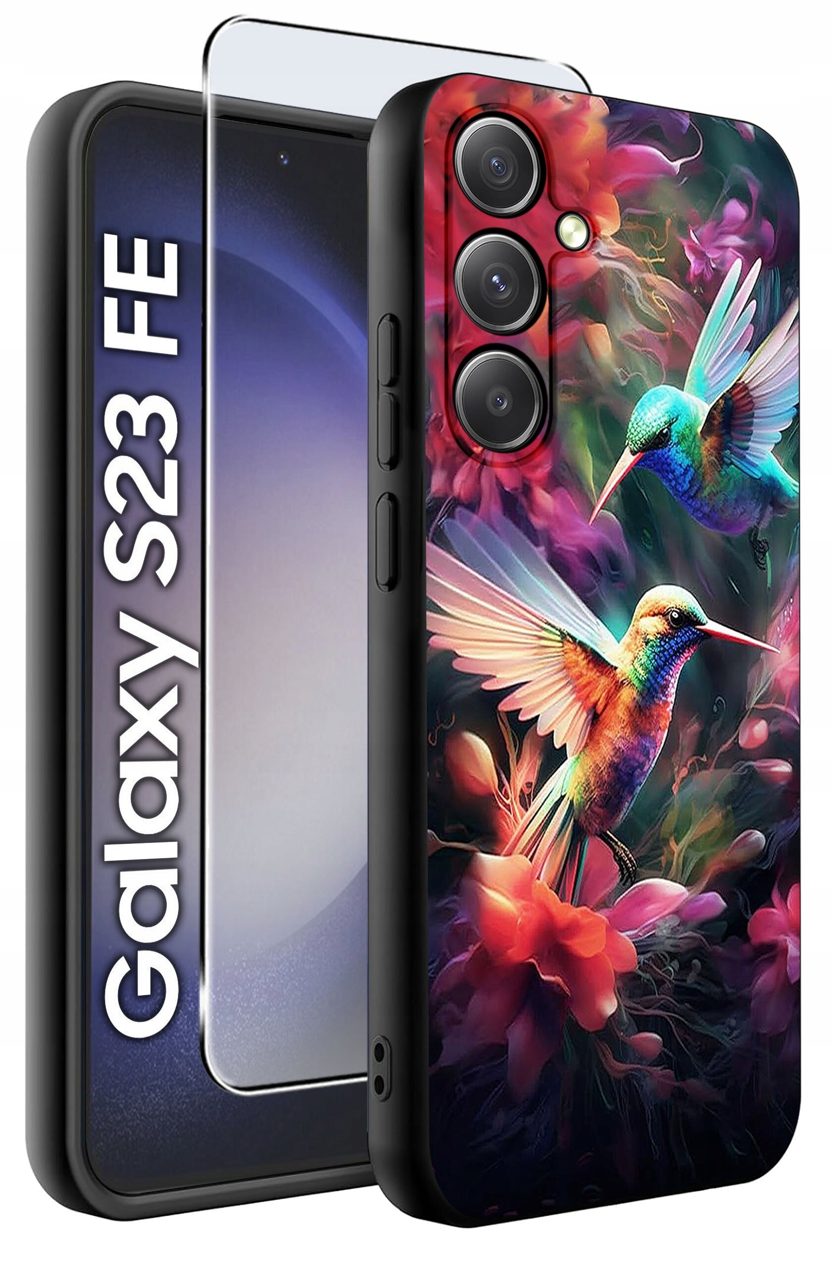 Etui na telefon z kolorowym wzorem przedstawiającym kolibry wśród kwiatów, obok widoczna jest szybka ochronna. Na etui napis \'Galaxy S23 FE\'.