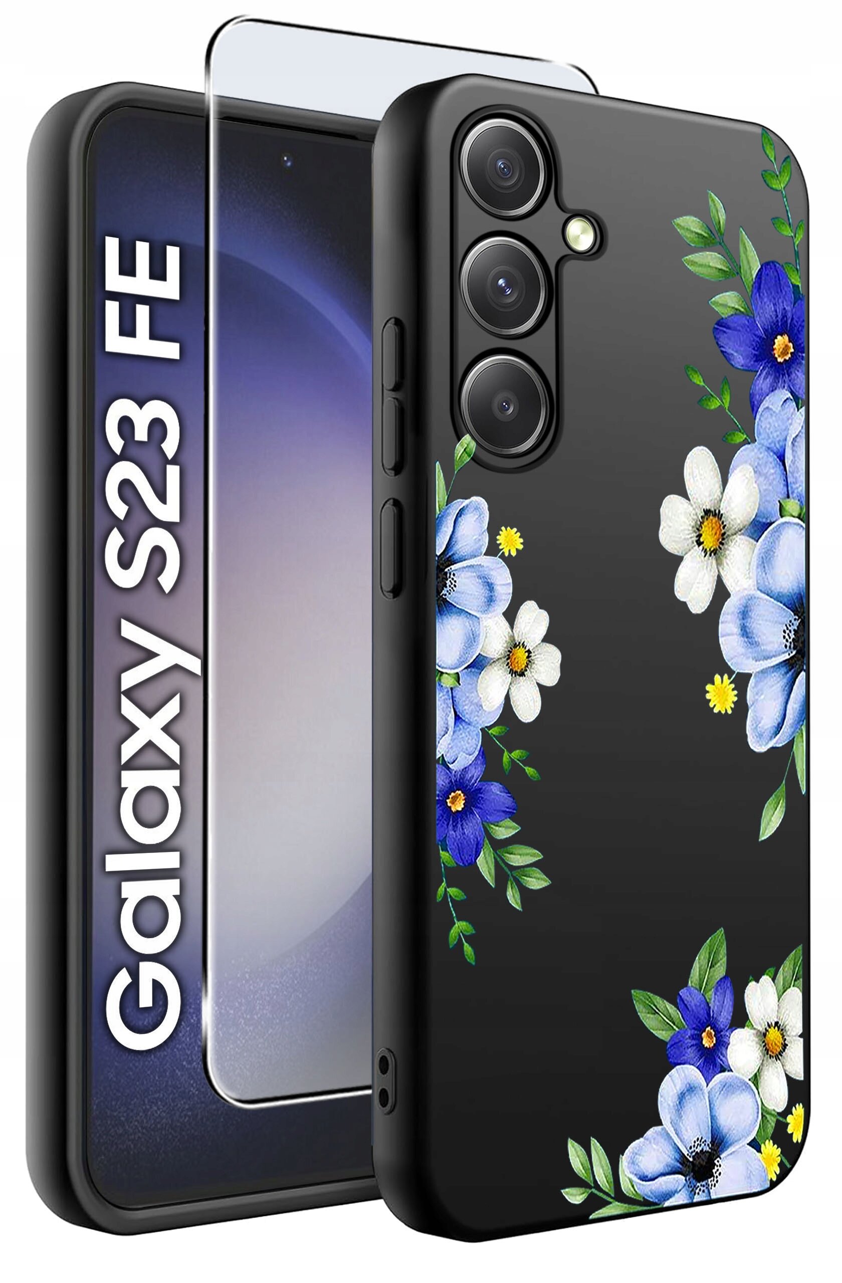 Obraz przedstawia czarne etui na telefon z kolorowymi kwiatowymi wzorami oraz szkło ochronne. Obok widoczny jest napis \'Galaxy S23 FE\'.