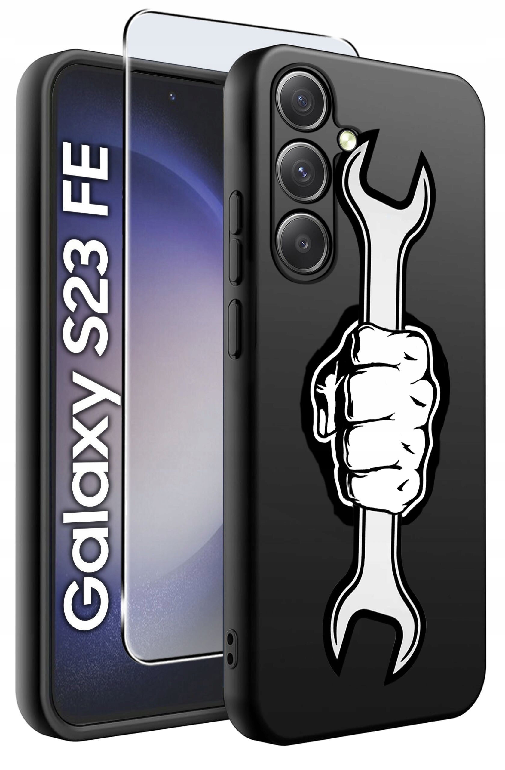 Czarne etui na telefon z nadrukiem dłoni trzymającej klucz, obok widoczny telefon z napisem \'Galaxy S23 FE\'.