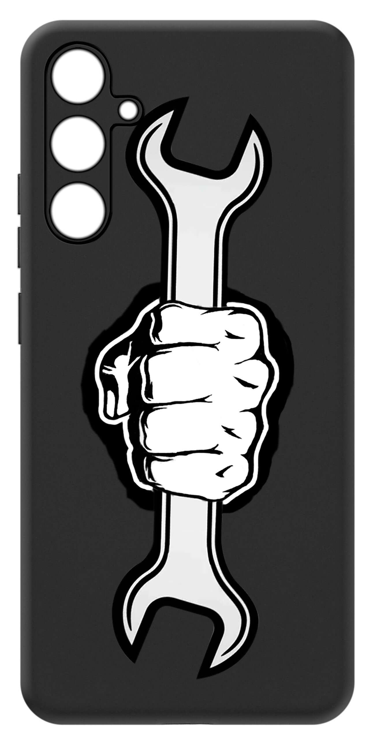 Czarne etui na telefon z nadrukiem białej dłoni trzymającej klucz płaski. Etui posiada wycięcia na trzy obiektywy aparatu.