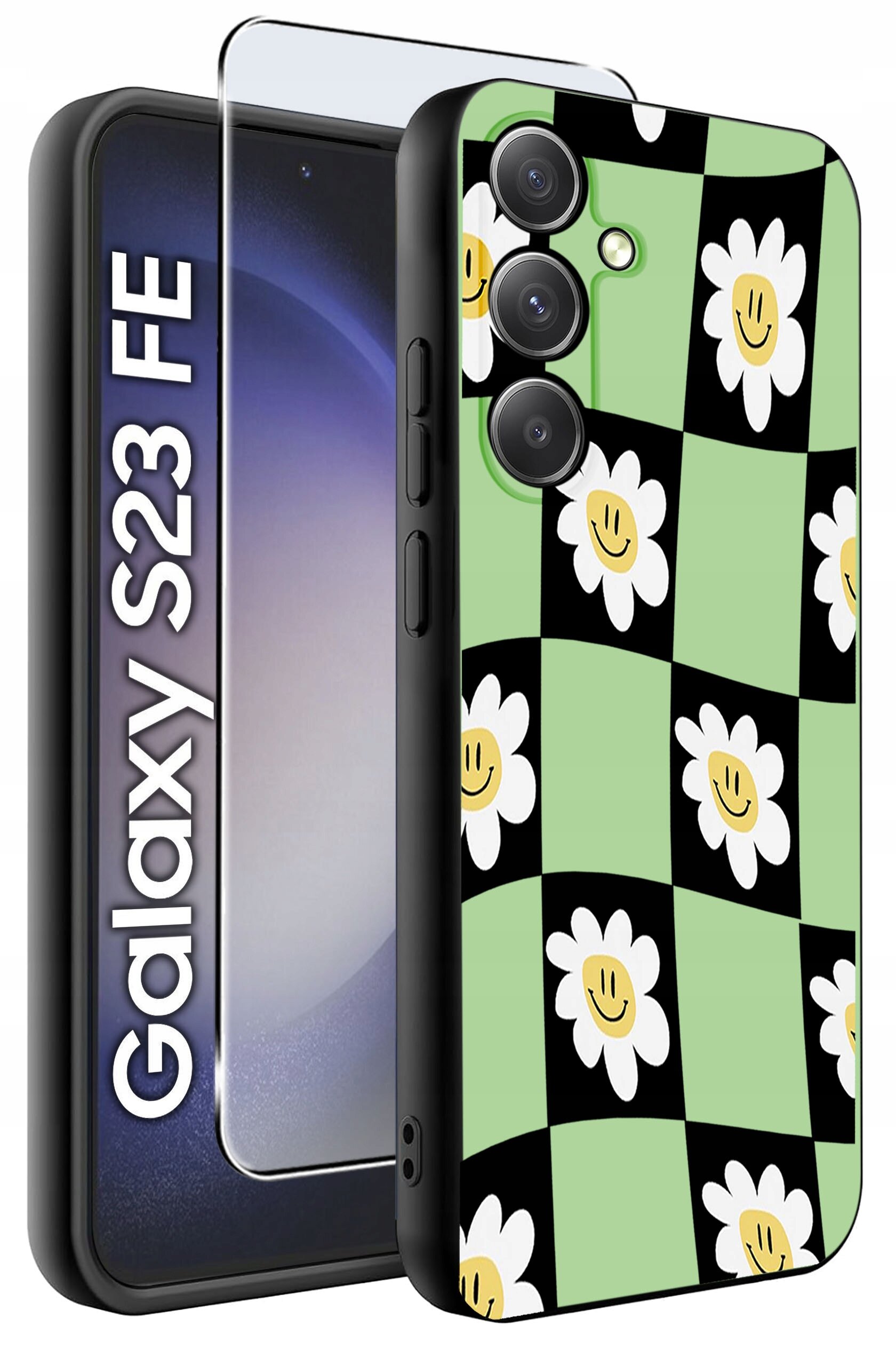 Etui do telefonu z wzorem w biało-żółte kwiaty na zielono-czarnym tle, obok znajduje się szkło ochronne. Widoczny napis: \'Galaxy S23 FE\'.