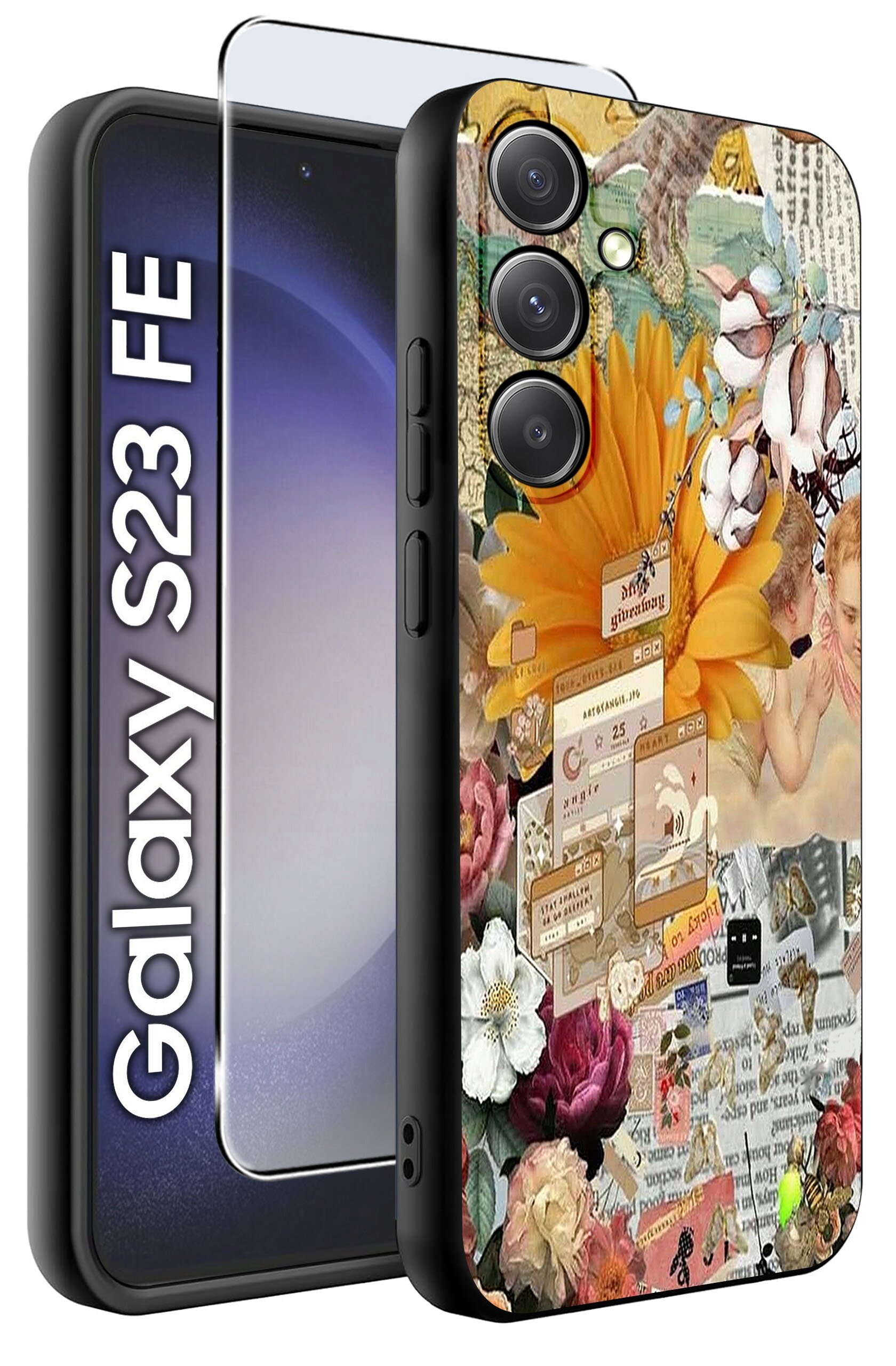 Etui na telefon z kolorowym, kwiatowym wzorem oraz szkło ochronne. Obok widoczny jest napis \'Galaxy S23 FE\'.