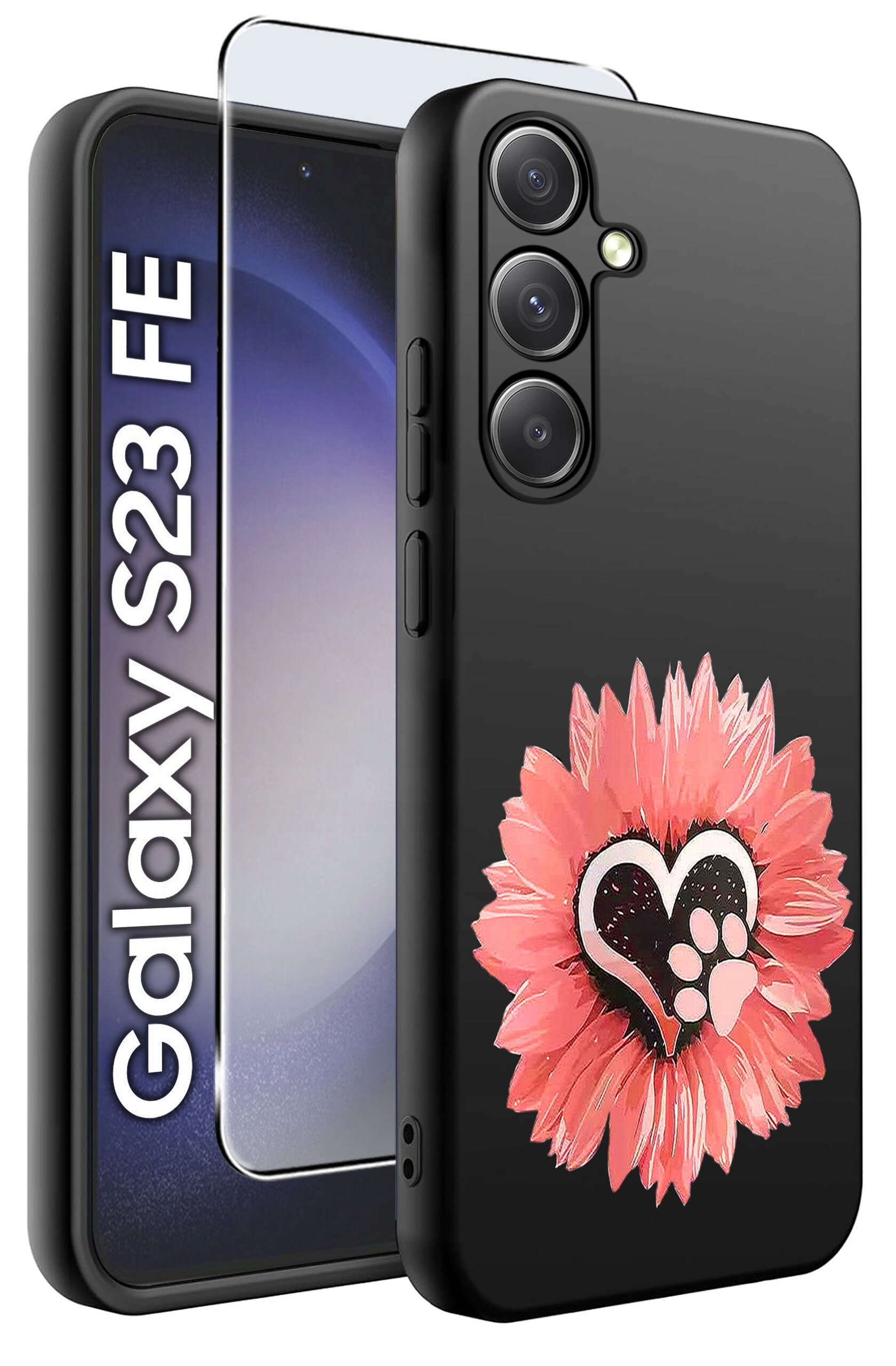 Obraz przedstawia czarne etui na telefon z motywem różowego kwiatu i serca z odciskiem łapy. Obok etui widoczna jest osłona ekranu oraz napis \'Galaxy S23 FE\'.