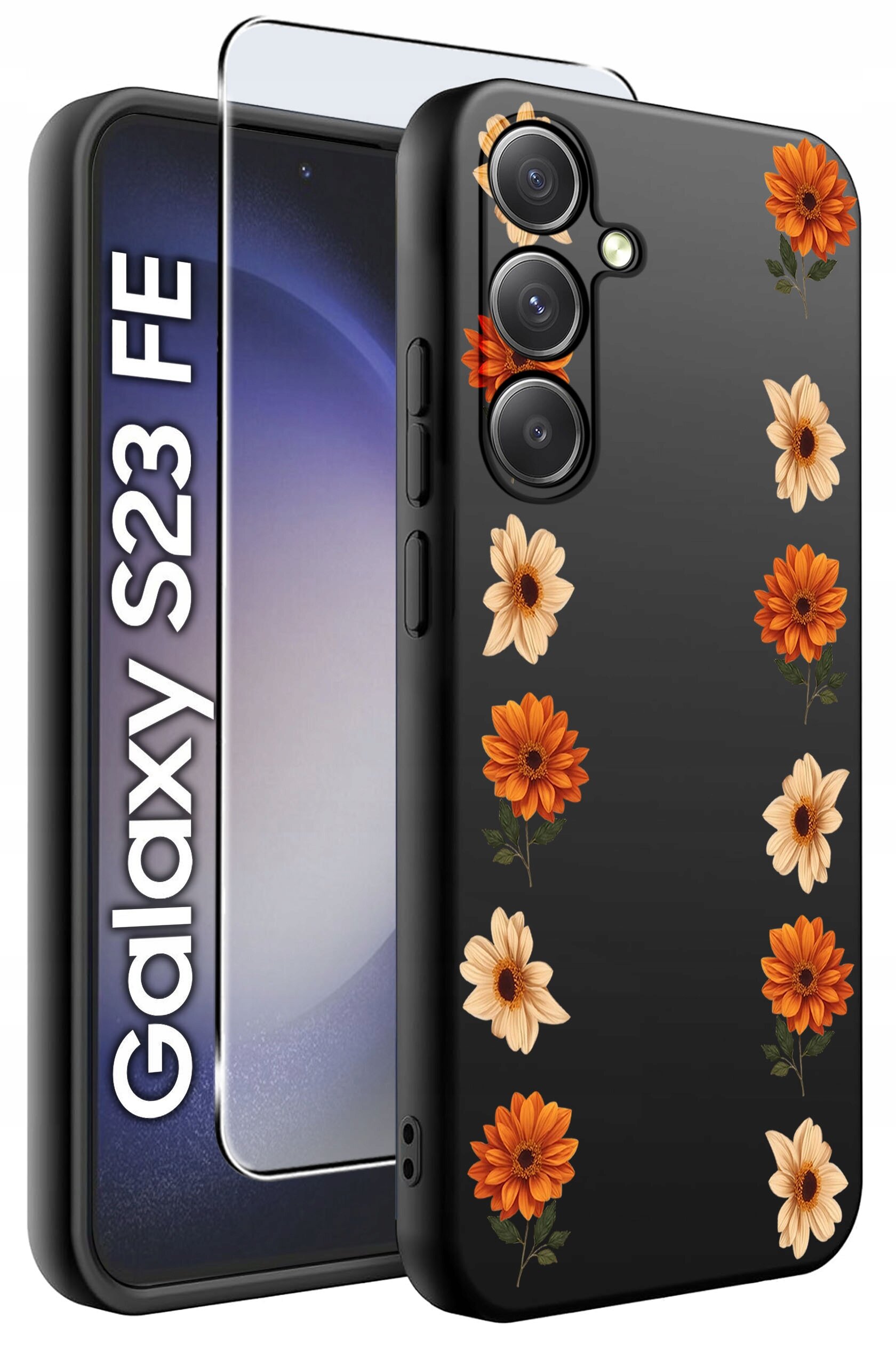 Czarne etui na telefon z wzorem pomarańczowych i kremowych kwiatów, obok którego znajduje się szkło ochronne. Na ekranie telefonu widoczny jest napis \'Galaxy S23 FE\'.