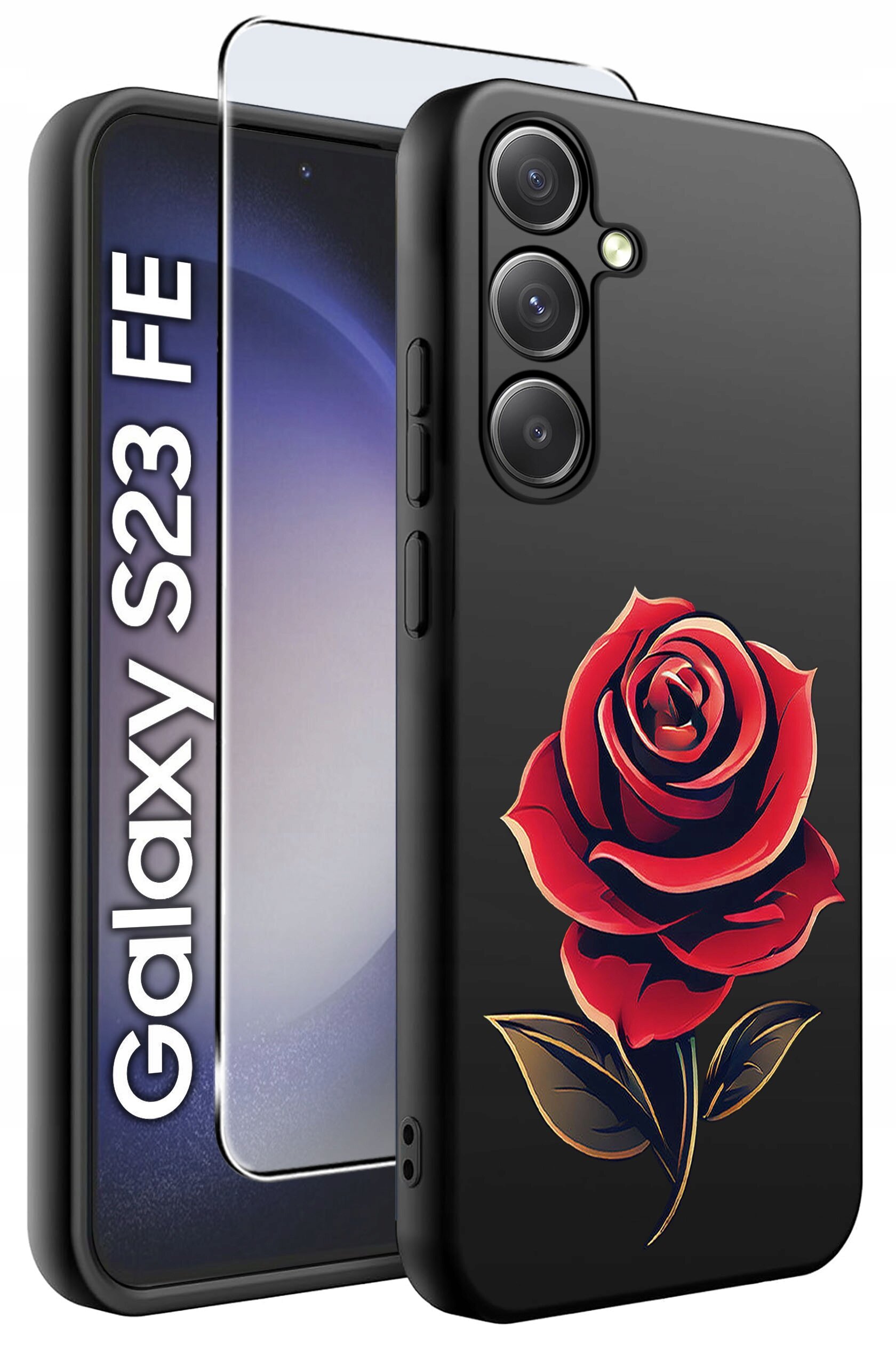 Czarne silikonowe etui z nadrukiem czerwonej róży, obok którego znajduje się szkło ochronne. Na ekranie telefonu widoczny jest napis \'Galaxy S23 FE\'.