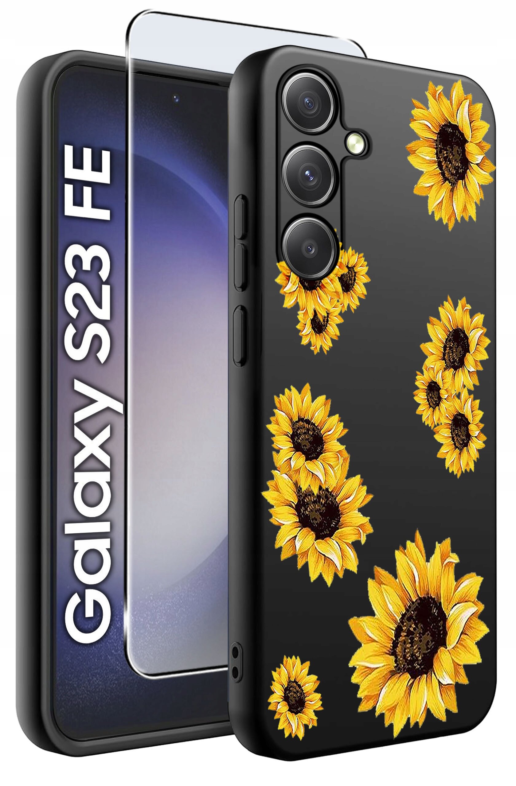 Czarne etui na telefon z wzorem żółtych słoneczników, obok którego znajduje się szkło ochronne. Widoczny napis: \'Galaxy S23 FE\'.