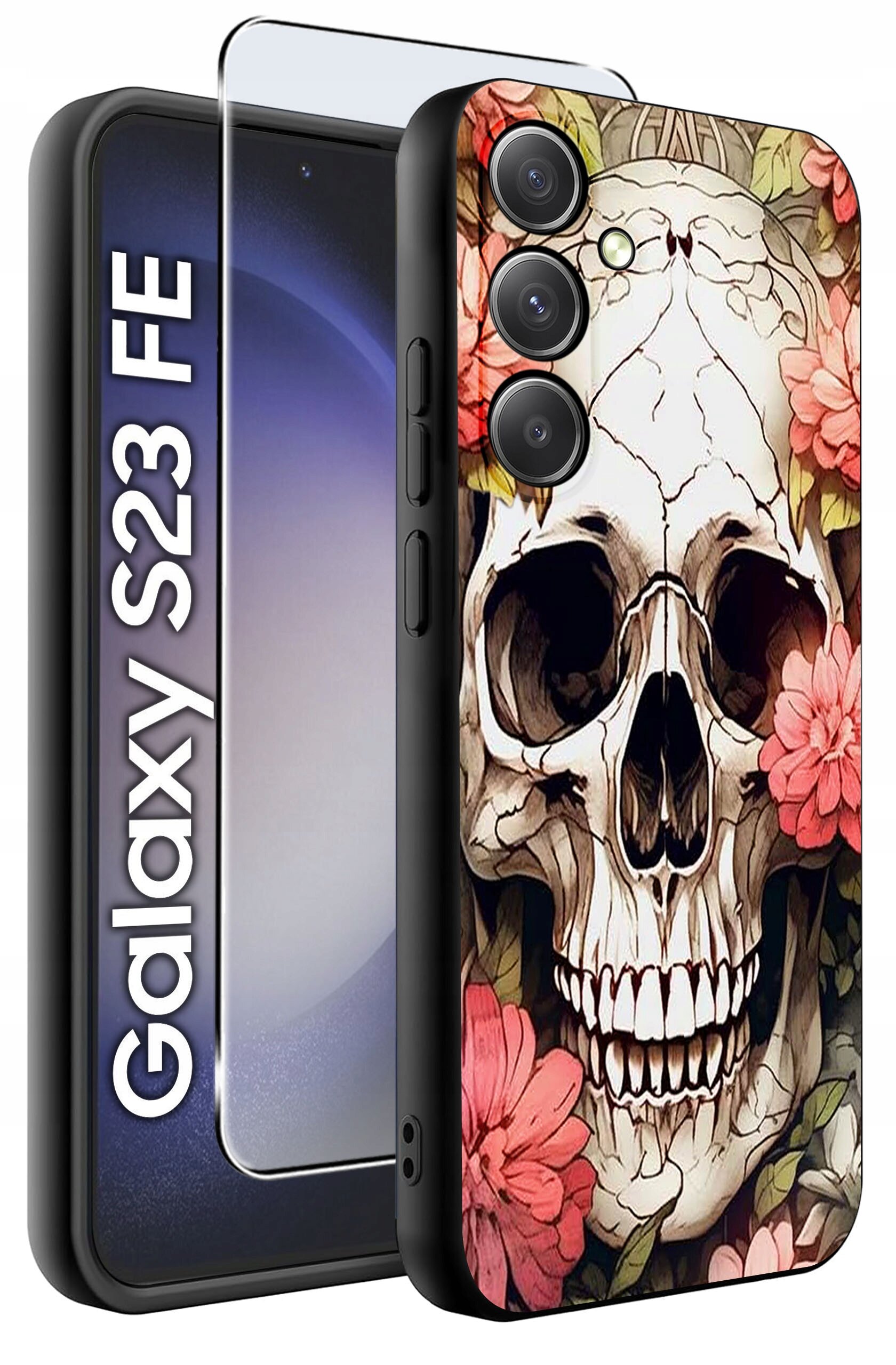 Obraz przedstawia etui na telefon z motywem czaszki otoczonej kwiatami oraz szkło ochronne. Widoczny jest napis \'Galaxy S23 FE\'.