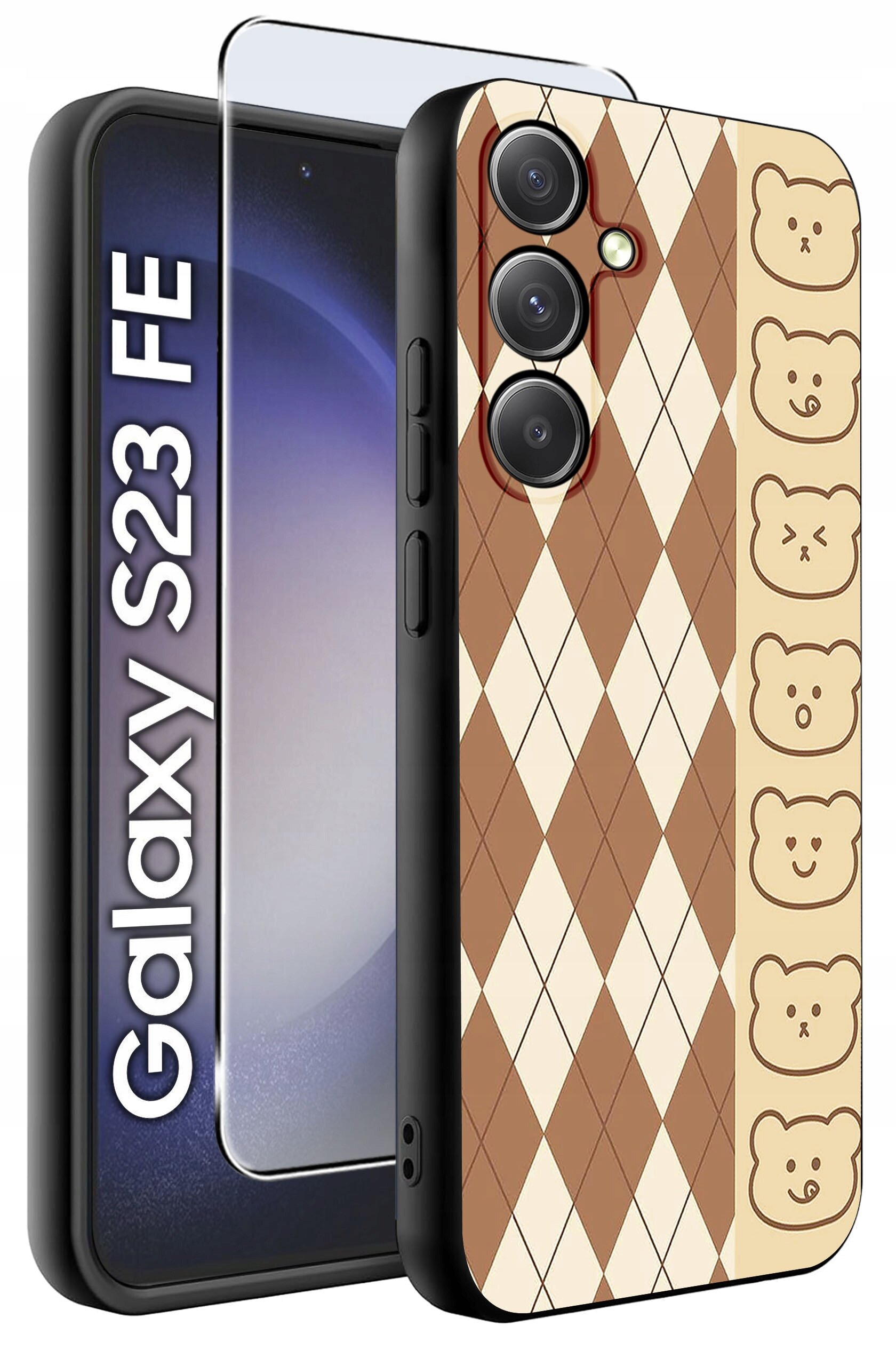 Etui na telefon z wzorem w romby i rysunkami misiów, obok szkło ochronne. Widoczny napis: \'Galaxy S23 FE\'.
