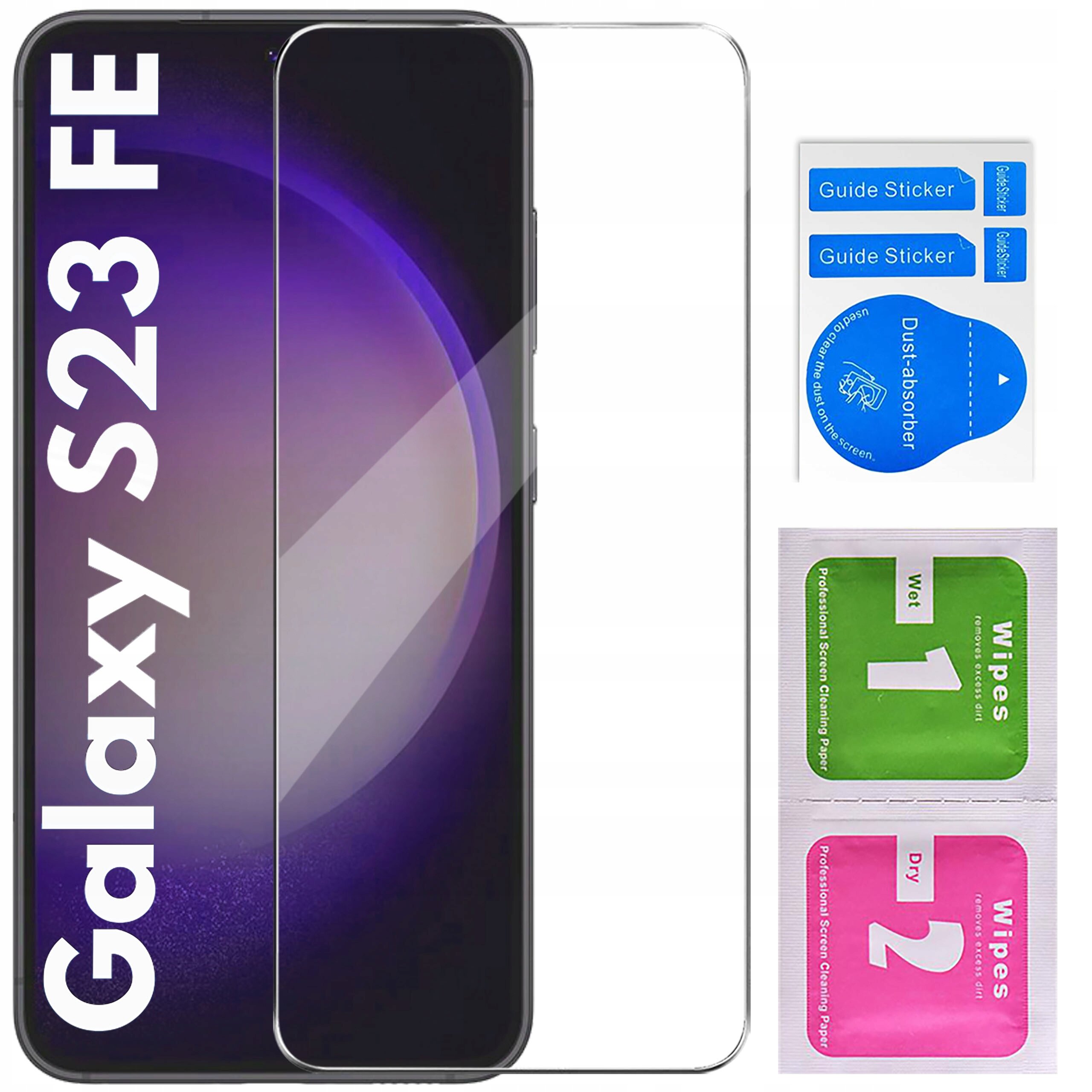 Obraz przedstawia telefon z napisem \'Galaxy S23 FE\' oraz zestaw akcesoriów do montażu szkła ochronnego, w tym naklejki \'Guide Sticker\' i \'Dust-absorber\', a także chusteczki \'Wet 1\' i \'Dry 2\'.