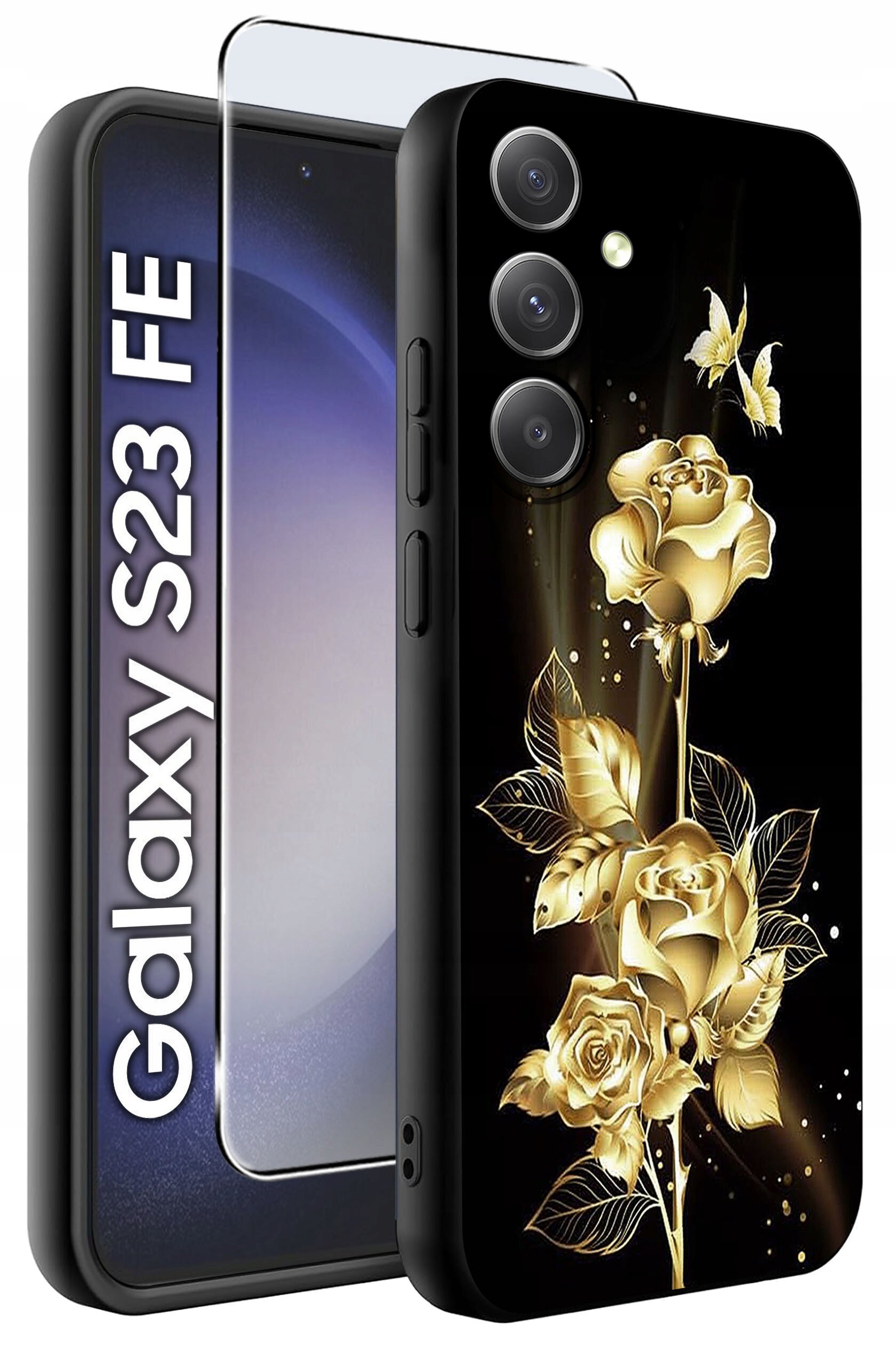 Obraz przedstawia etui na telefon z motywem złotych róż i motyli na czarnym tle. Obok widoczny jest napis \'Galaxy S23 FE\' oraz szkło ochronne na ekran.